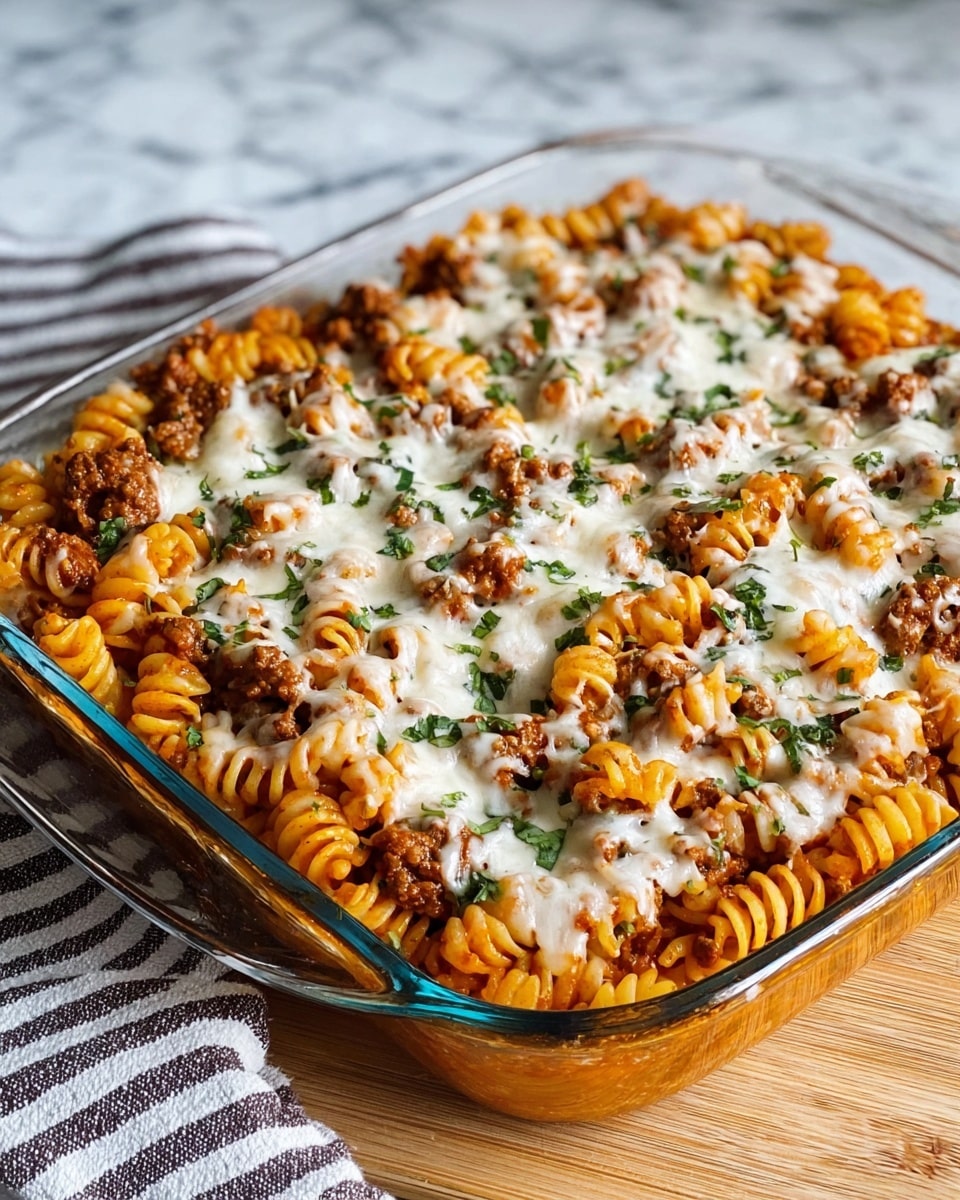 A clear glass baking dish filled with three layers: at the bottom, a thick layer of cooked spiral pasta coated in orange tomato sauce; in the middle, a layer of browned ground meat spread evenly; on top, melted white cheese sprinkled with small green herb pieces covering the whole dish. The dish is set on a light wood surface with a striped cloth nearby, and the background is a white marbled texture. photo taken with an iphone --ar 4:5 --v 7