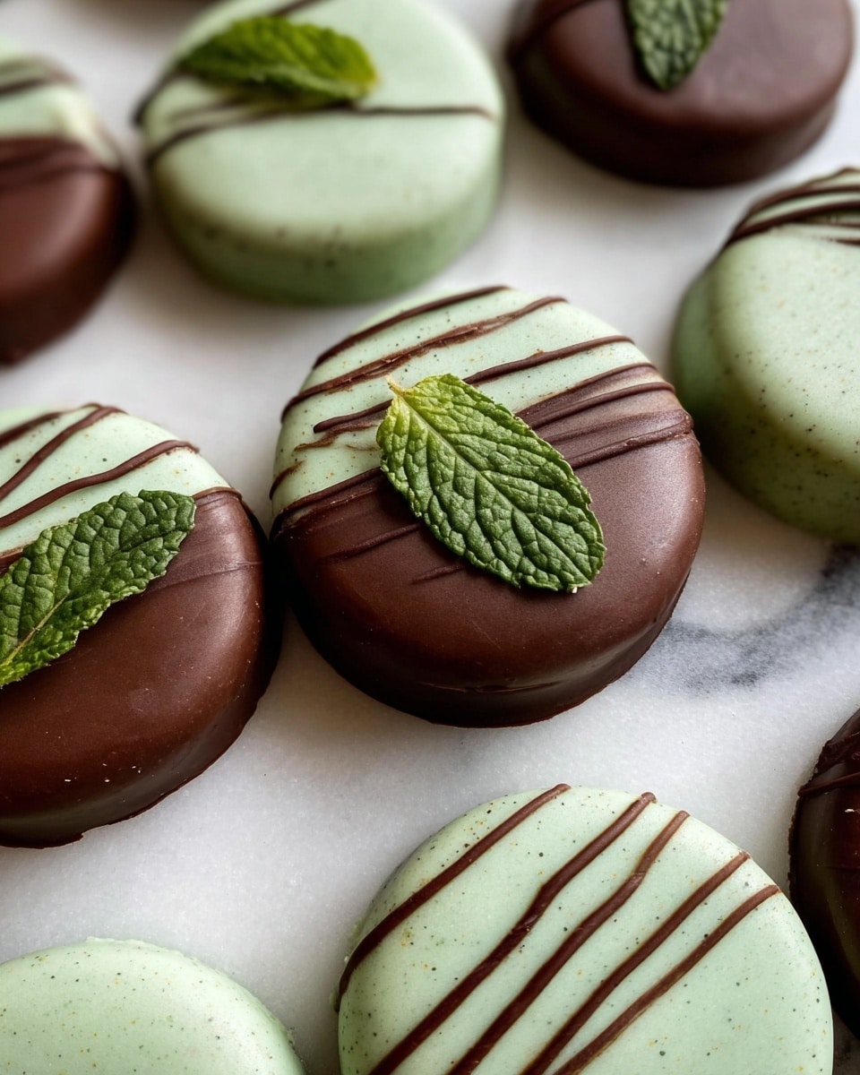 The image shows round mint chocolate treats arranged on a white marbled texture. Each treat has two layers: the bottom green layer is smooth and glossy, and the top layer is a slightly thicker chocolate coating in either dark brown or mint green shade. The dark brown chocolate layers have fresh green mint leaves on top, while the mint green ones have thin dark brown chocolate stripes across. The texture of the chocolate looks smooth and shiny, with a few small cracks, and the mint leaves add a fresh touch to the treats. photo taken with an iphone --ar 4:5 --v 7