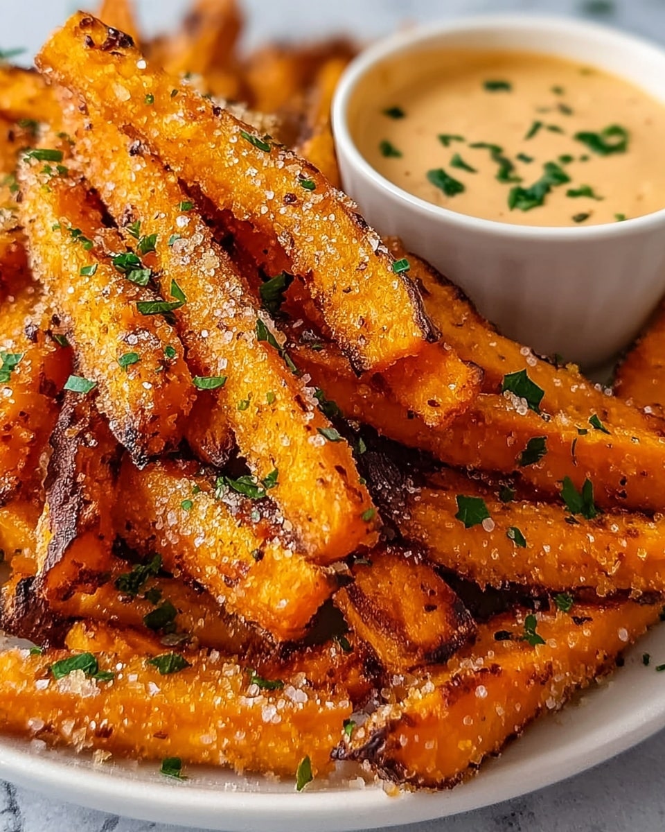 The image shows several thick golden-orange sweet potato fries stacked on a white plate with slightly crispy edges and a textured surface covered in coarse salt and finely chopped green herbs. On the upper right, there is a white bowl filled with creamy light brown dipping sauce sprinkled with small green herbs. The fries are golden with some parts lightly charred, giving them a crunchy look. The background is a white marbled texture. photo taken with an iphone --ar 4:5 --v 7