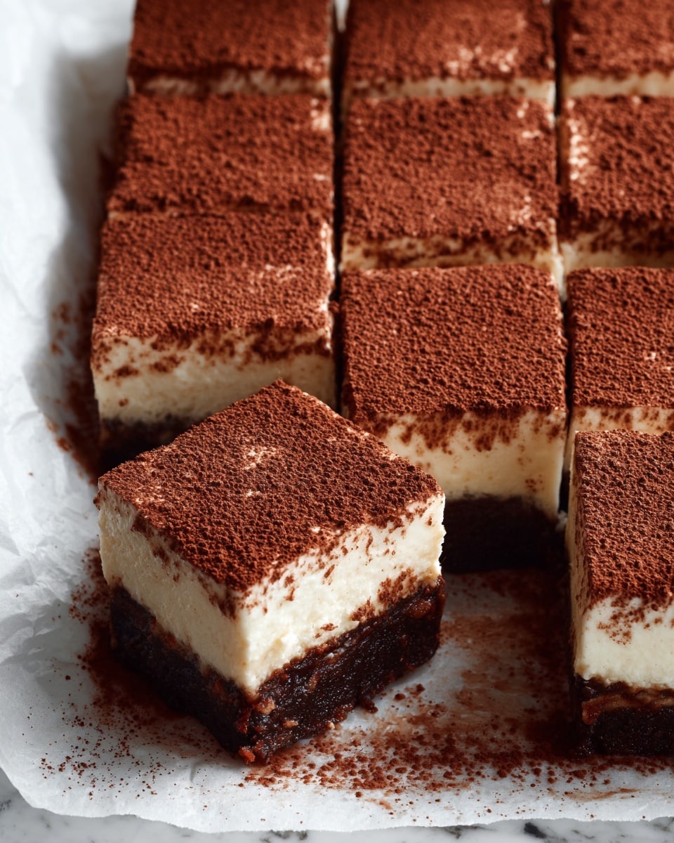The image shows neatly cut square pieces of a two-layer dessert arranged closely on white parchment paper over a white marbled surface. The bottom layer is a dark brown, moist chocolate cake with a slightly dense texture, while the top layer is a thick, creamy, off-white layer dusted evenly with fine dark brown cocoa powder. One piece is slightly pulled out, clearly showing the contrast between the dark cake base and the thick creamy top. The cocoa powder has spread a little on the parchment around the edges, adding a rustic look. Photo taken with an iphone --ar 4:5 --v 7