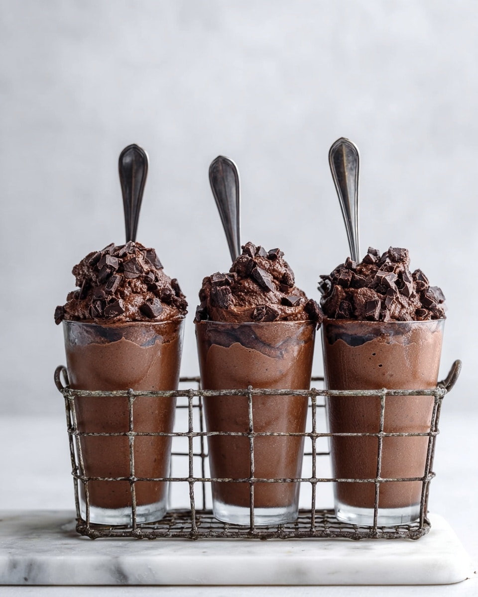 Three clear tall glasses filled with smooth dark brown chocolate mousse make up the bottom layer. Each glass is topped generously with a thick, textured dark chocolate cream that looks rich and fluffy, with chunks of darker chocolate mixed in. Each mousse glass has a vintage style dark metal spoon standing upright inside. The glasses sit neatly inside a rustic metal wire holder on a white marbled surface, with a plain, soft light gray background. Photo taken with an iphone --ar 4:5 --v 7