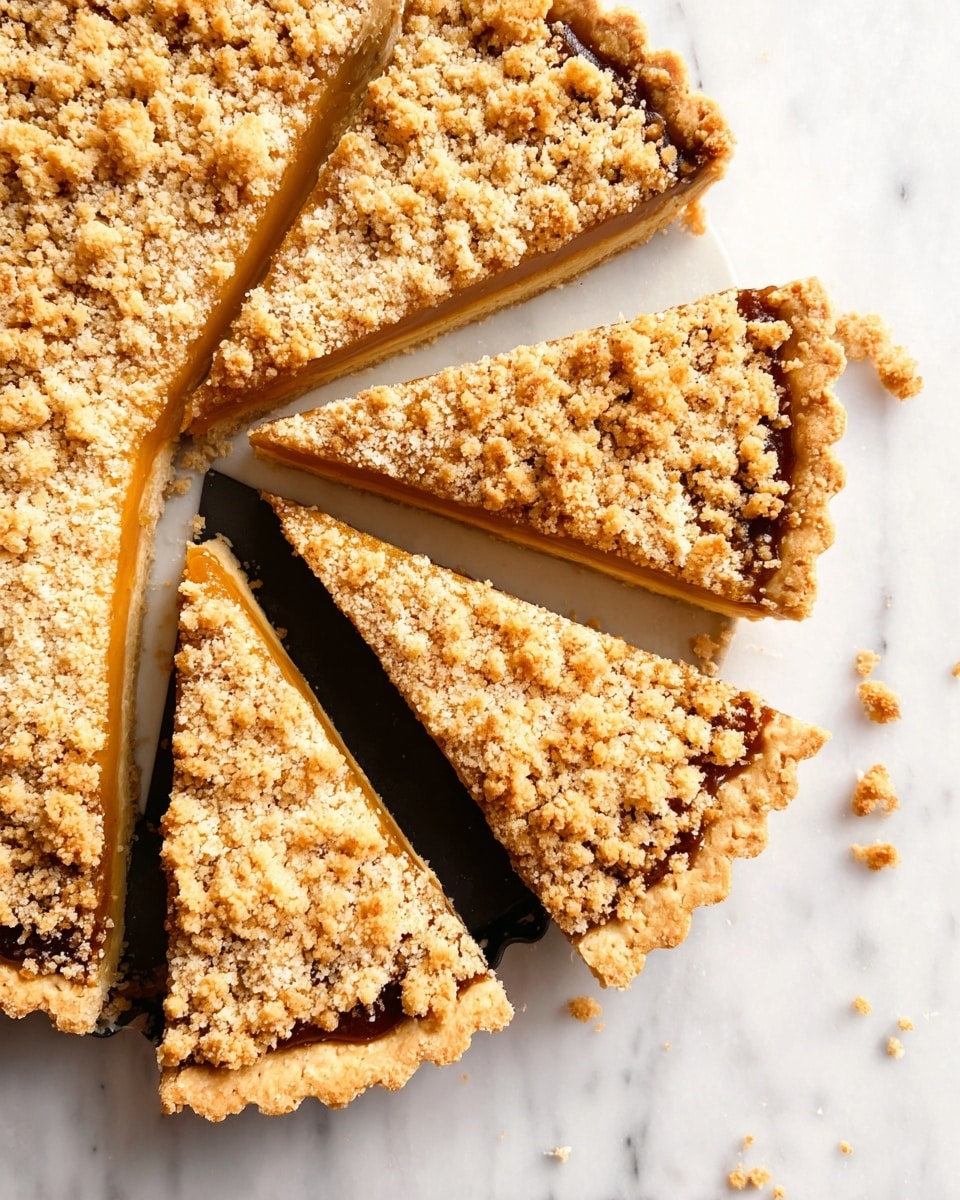 The image shows a crumb-topped pie cut into slices on a white marbled surface. The pie has three visible layers: a golden brown crust forming the bottom and edges, a smooth caramel or fruit filling in the middle with a warm brown tone, and a rough, crumbly topping in light beige scattered evenly on top. The pie is missing one slice, leaving a gap that reveals the dark pan underneath. Some crumbs are scattered near the pie on the white marbled surface. photo taken with an iphone --ar 4:5 --v 7