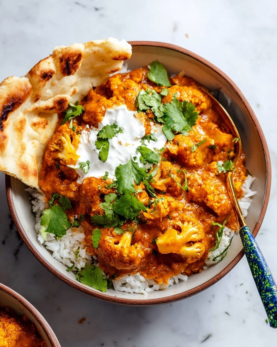 A white bowl filled with a base layer of fluffy white rice, topped with a thick layer of orange-colored cauliflower curry with visible cauliflower florets coated in a rich sauce. On top of the curry, there is a dollop of creamy white yogurt or cream, and fresh green cilantro leaves scattered around for garnish. A wedge of toasted, golden-brown flatbread is placed leaning inside the bowl, partially dipped in the curry. A blue and green patterned spoon is resting inside the bowl on the right side. The bowl is set on a white marbled surface. Photo taken with an iphone --ar 4:5 --v 7