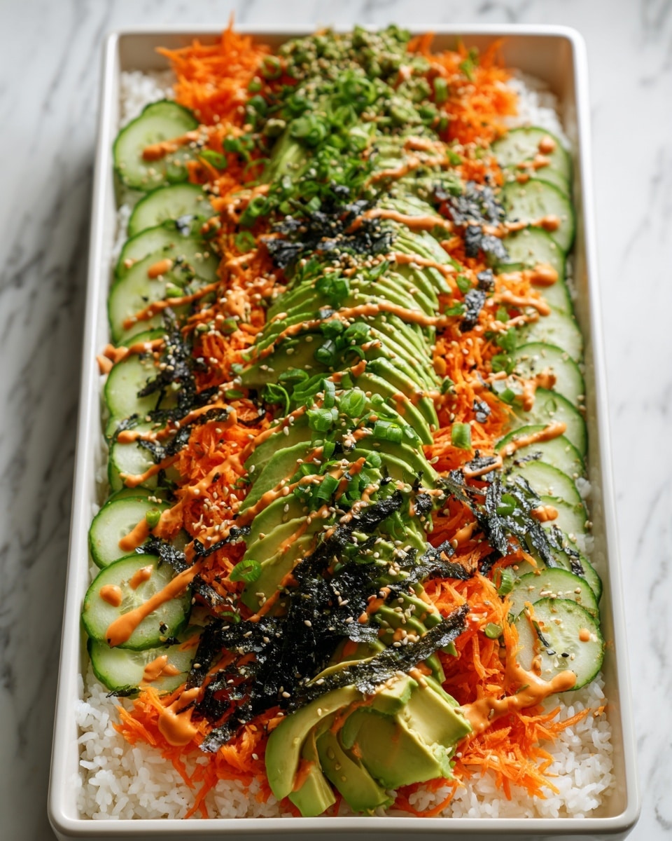 A rectangular white dish holds a layered sushi bowl starting with a base layer of white sushi rice covering the entire bottom. On top of the rice, thin slices of green cucumber are arranged around the edges, slightly overlapping and creating a ring. Shredded bright orange carrots cover the middle section, sprinkled lightly with green chopped scallions. Centered on the carrots are sliced avocado fanned out, showing smooth green layers. Drizzled over the dish is an orange sauce adding texture and color contrast. Finally, thin black seaweed strips and scattered sesame seeds decorate the avocado and carrots, adding dark spots for a balanced look. The dish sits on a white marbled surface. photo taken with an iphone --ar 4:5 --v 7