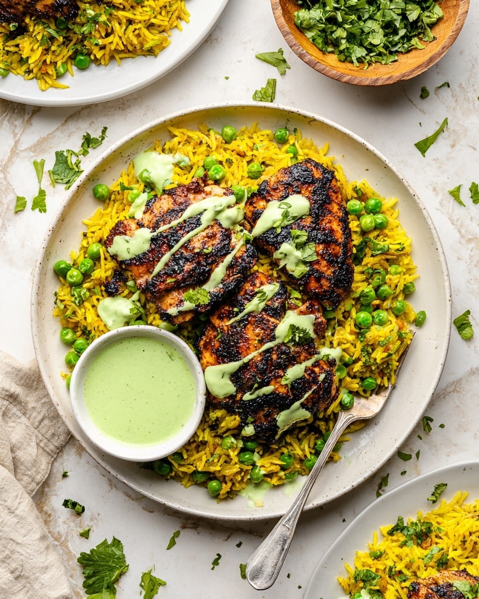 A white round plate holds a colorful dish with three grilled chicken pieces placed on top of a bed of yellow rice mixed with green peas. The chicken has a dark charred texture with visible grill marks and is drizzled with a light green sauce and garnished with fresh green herbs. A small white bowl filled with the same green sauce sits on one side of the rice. A silver spoon rests on the edge of the plate, partially on the rice. Around the plate are scattered small green herb leaves on a white marbled surface, with part of another plate of grilled chicken in the upper left and a small round wooden bowl filled with fresh green herbs above the main plate. photo taken with an iphone --ar 4:5 --v 7