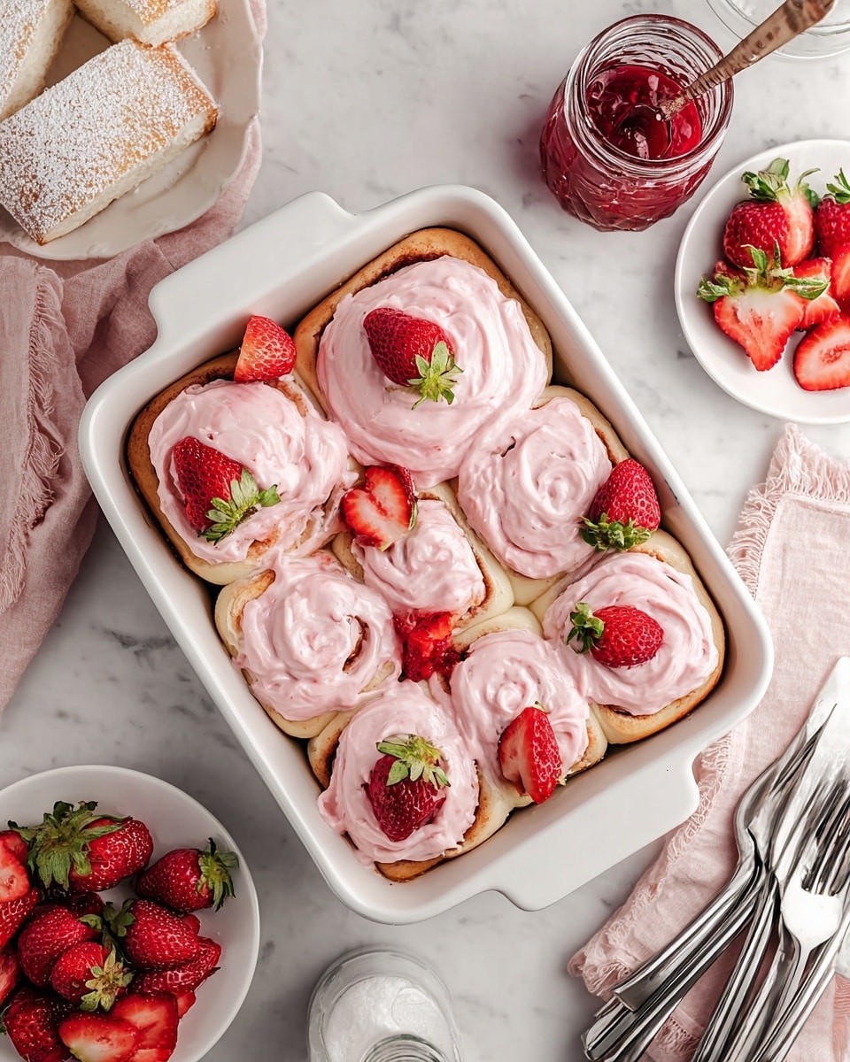 A white baking dish holds six soft cinnamon rolls arranged close together, each topped with a thick layer of smooth pink frosting that swirls in the center. Bright red fresh strawberries, some whole with green tops and others halved, are placed on top of the frosting and around the rolls, adding color contrast. The rolls have a golden-brown edge with a light tan dough inside. The dish rests on a white marbled surface, surrounded by a white plate with halved strawberries, a glass jar of red jam with a spoon, a white plate with powdered sugar-covered bread, a small white bottle, a pile of silver forks and a knife on a white tray, and a soft pink cloth. photo taken with an iphone --ar 4:5 --v 7