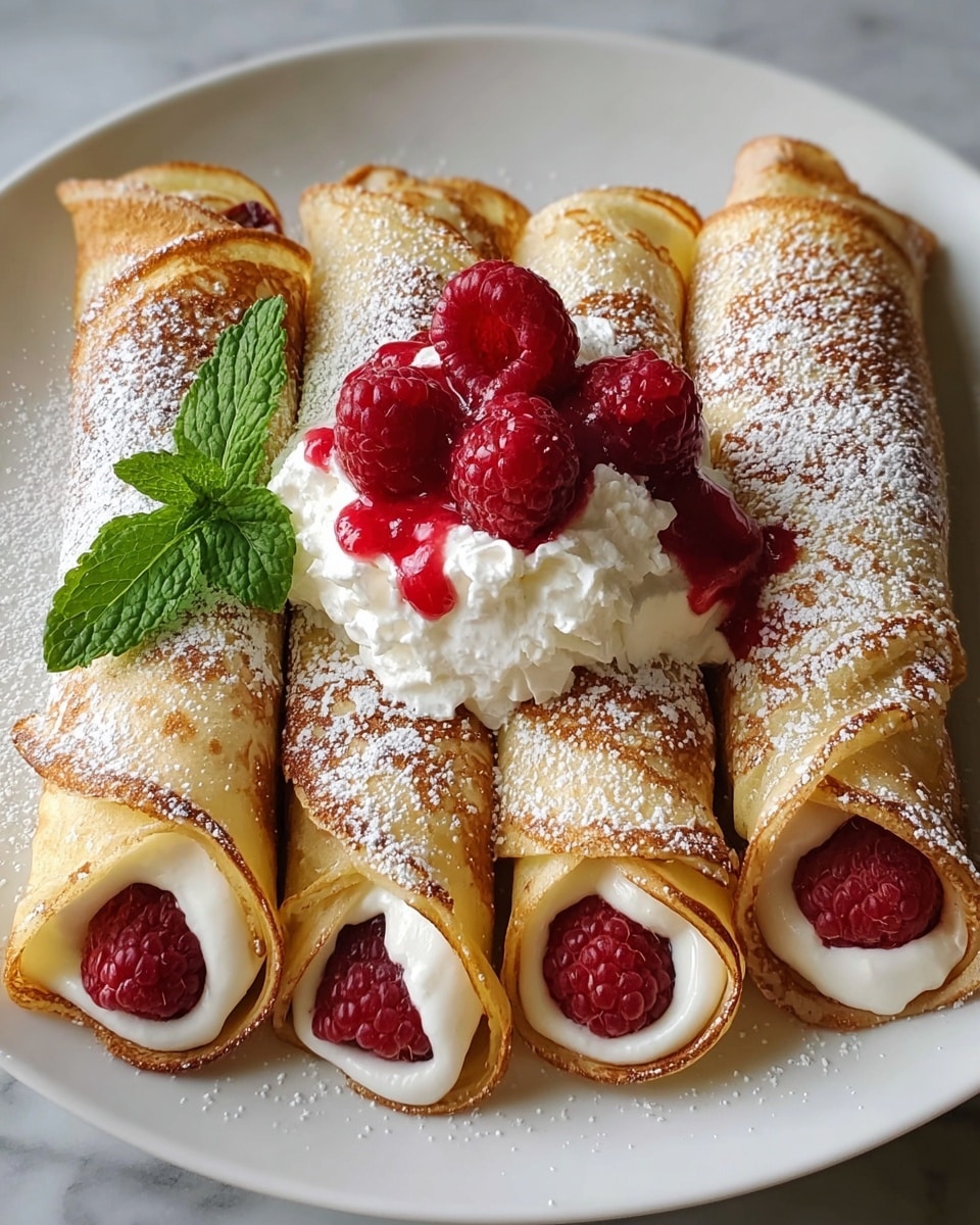 Four thin, golden-brown crepes are rolled and placed side by side on a white plate with powdered sugar dusted lightly on top and around the edges. Each crepe is filled with white cream and bright red raspberries peeking out from the ends. In the middle of the crepes, there is a small pile of whipped cream topped with more fresh raspberries and a drizzle of raspberry sauce. A fresh green mint leaf is placed beside the raspberries on the whipped cream, adding a pop of color. The plate sits on a white marbled surface. photo taken with an iphone --ar 4:5 --v 7