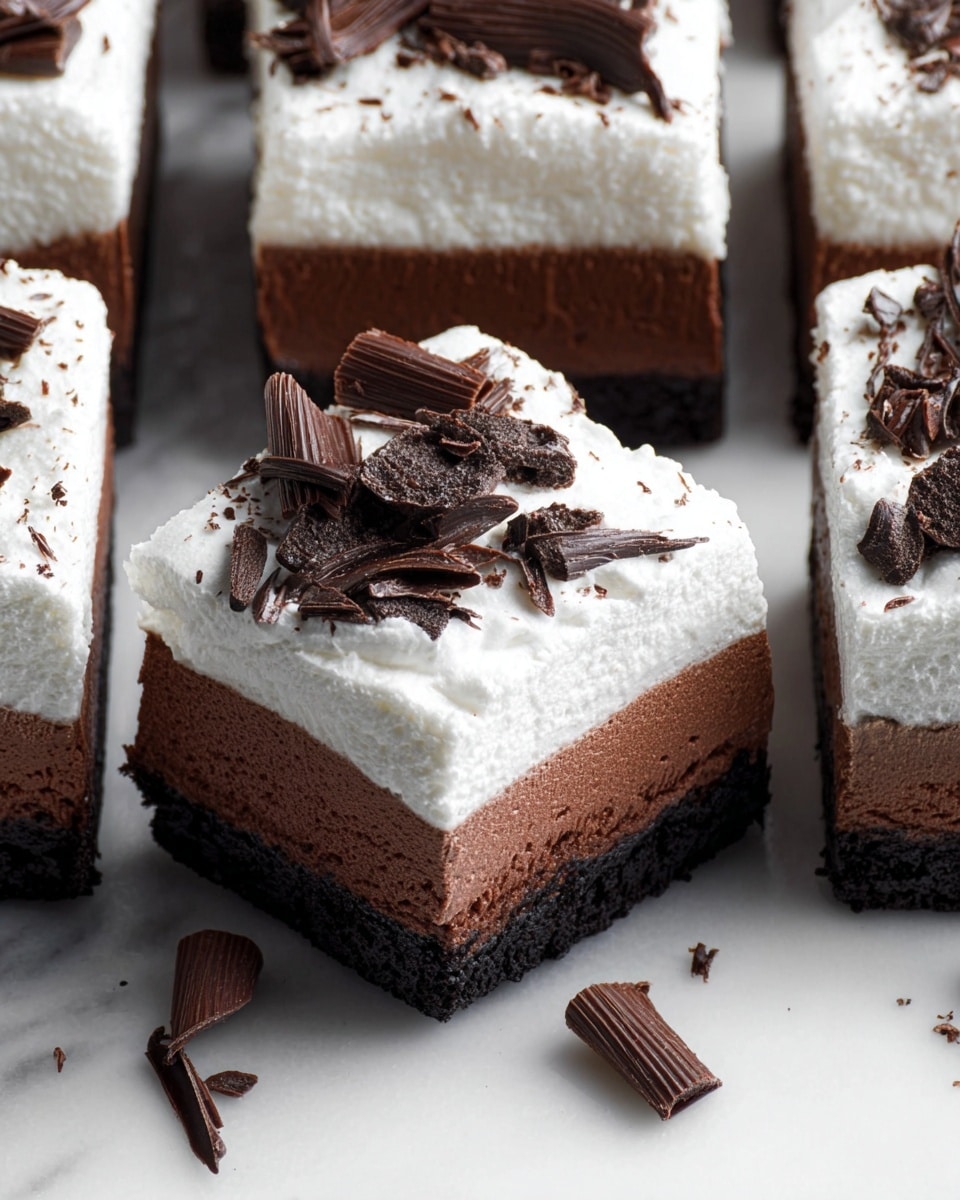 This image shows square dessert pieces with three clear layers: a bottom dark black cookie crust, a thick middle layer of smooth dark brown chocolate mousse, and a top thick white whipped cream layer. The whipped cream layer is decorated with curled dark chocolate shavings and small chocolate pieces scattered on top. The dessert squares are placed closely together on a white marbled surface, creating a neat grid. The textures show the creamy softness of the mousse and whipped cream contrasting with the dense cookie base, making the dessert look rich and inviting. photo taken with an iphone --ar 4:5 --v 7