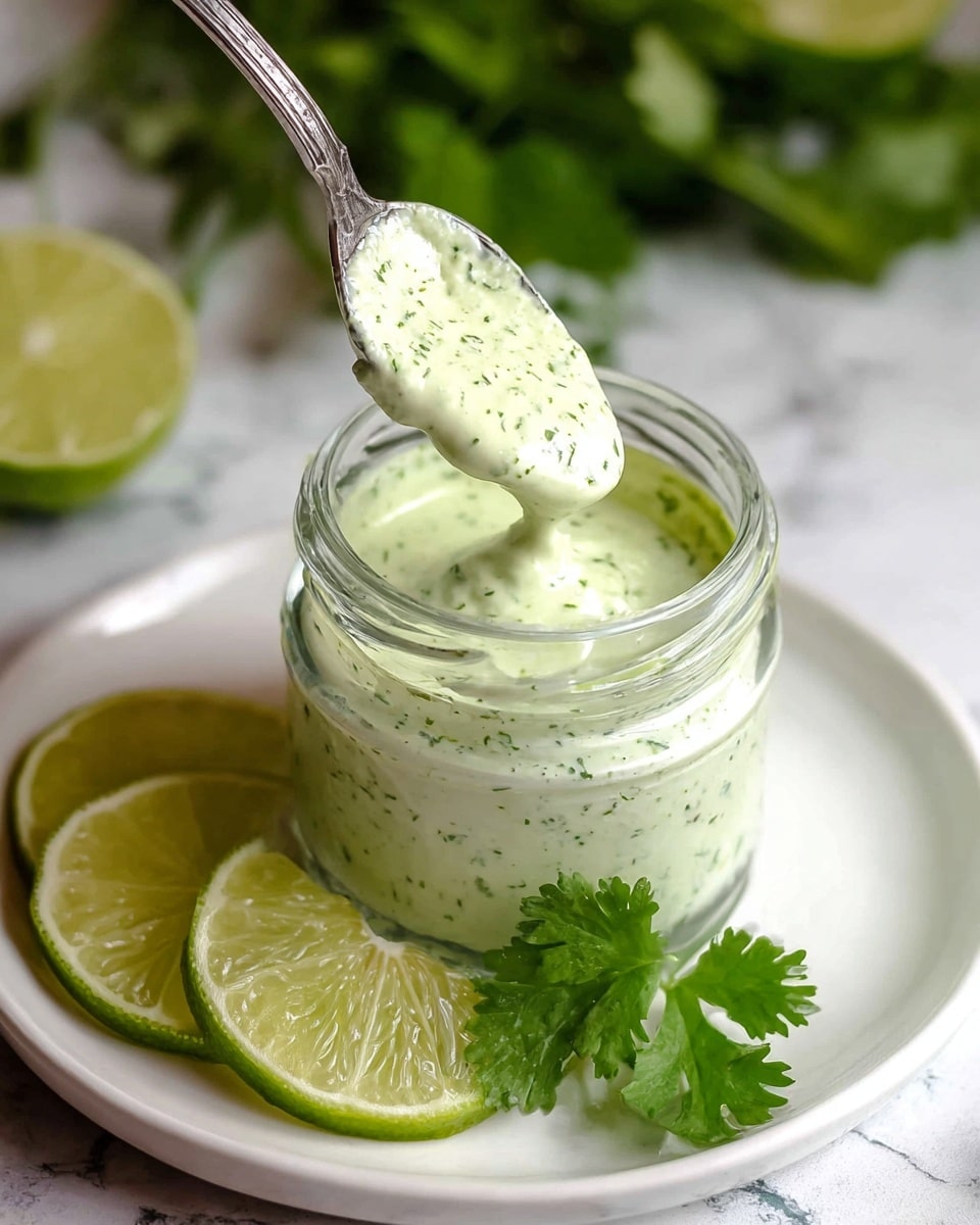 A small clear glass jar filled with a creamy light green sauce speckled with finely chopped herbs, with a silver spoon lifting some of the sauce from the jar. The jar is placed on a white plate that holds three slices of fresh green lime and a bright green cilantro leaf. The whole setup sits on a white marbled texture with some blurred green herbs and lime in the background. The sauce looks smooth with a slightly thick texture. Photo taken with an iphone --ar 4:5 --v 7