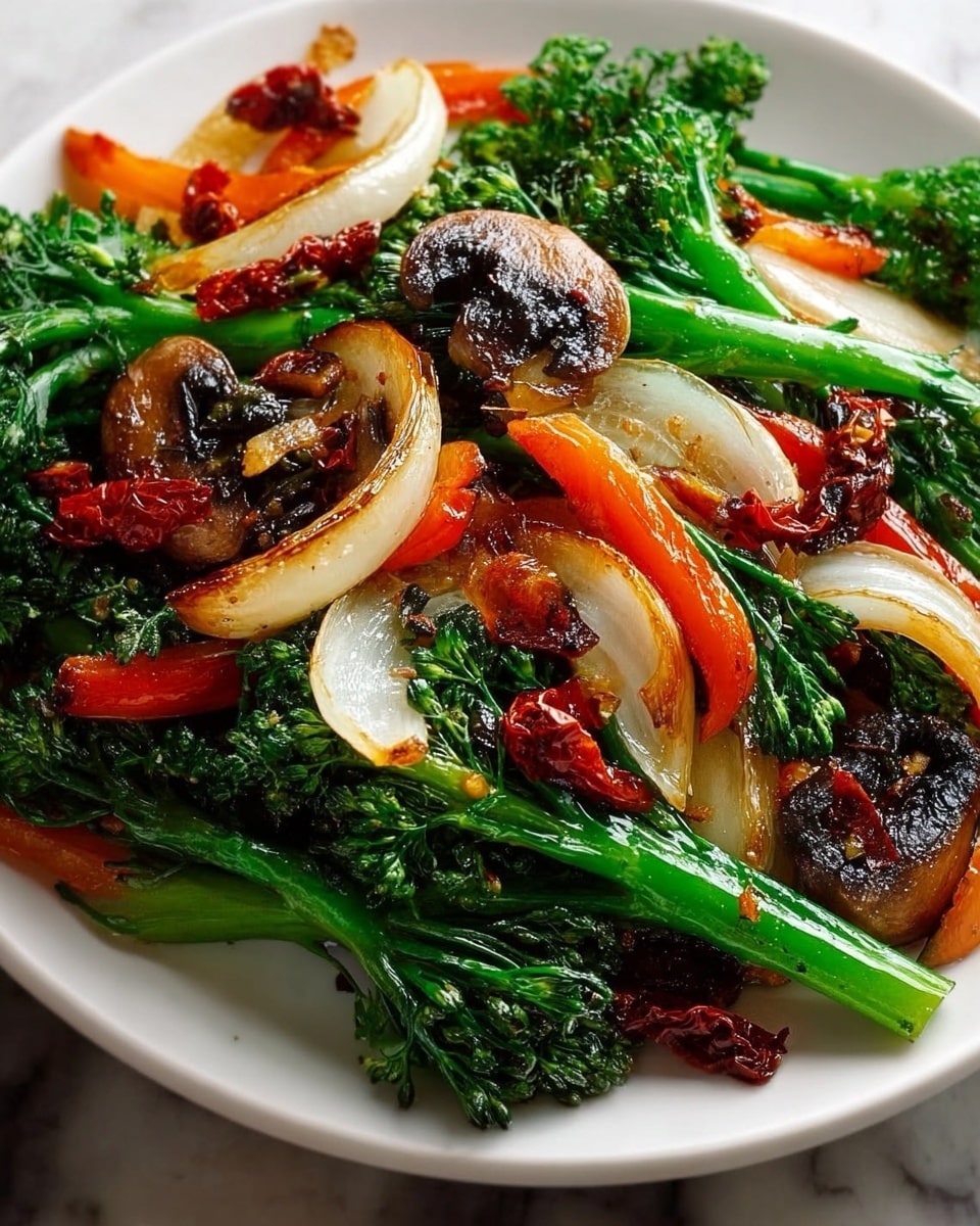 A white plate holds a colorful mix of cooked vegetables layered closely together. The bottom layer is bright green broccolini with tender stalks and leafy tops. Over this, there are caramelized white onion wedges with soft golden edges, and sautéed orange bell pepper strips adding a soft texture. Dark brown cooked mushrooms with slightly crispy edges sit among the vegetables. Small deep red pieces of sun-dried tomatoes are scattered throughout, adding bursts of color and texture. The vegetables look glossy and well cooked, showing a mix of smooth and slightly crispy surfaces. The plate is set on a white marbled textured surface. photo taken with an iphone --ar 4:5 --v 7