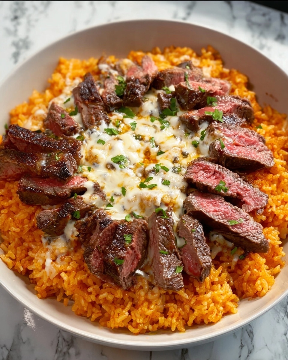 The dish shows a close-up view of a black skillet filled with three main layers: the bottom layer is cooked rice tinted orange and mixed with bits of roasted red bell peppers, the middle layer consists of browned and seared chopped beef pieces scattered evenly over the rice, and the top layer is a light drizzle of white creamy sauce with small green chopped herbs sprinkled all over. The background is a white marbled texture. photo taken with an iphone --ar 4:5 --v 7