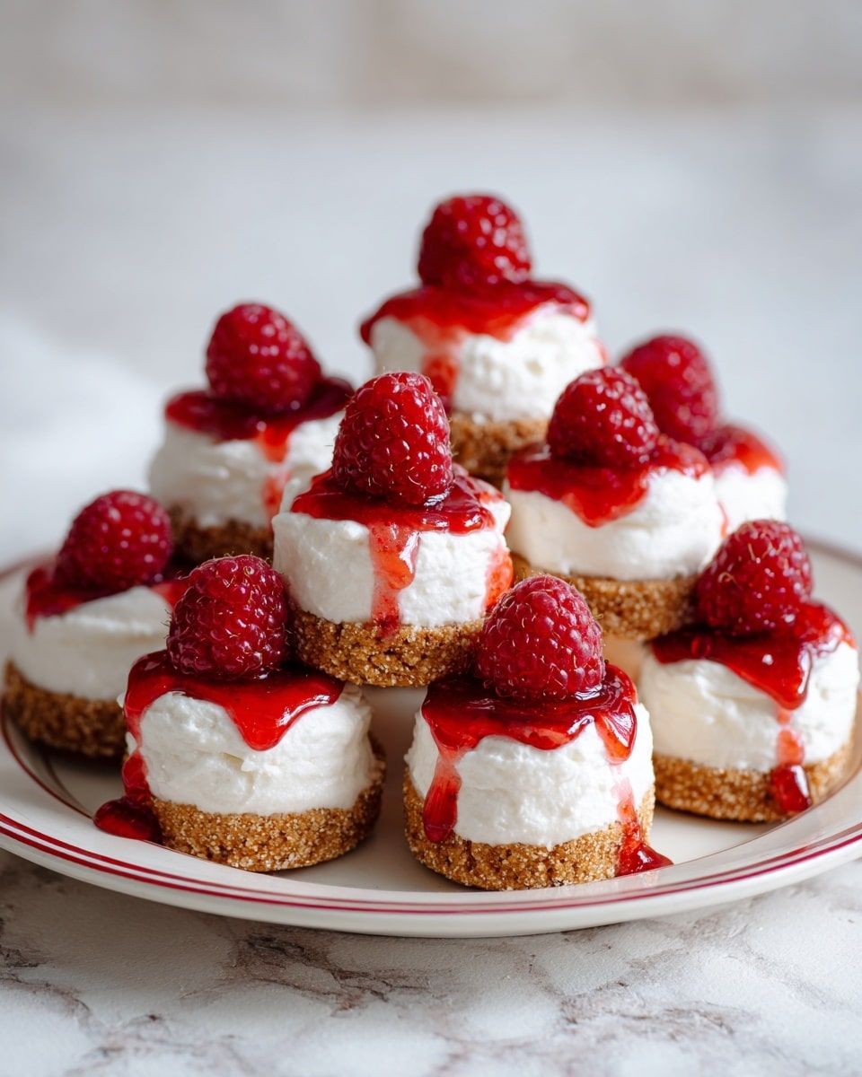 The image shows four small round desserts on a plain white plate, each with three main layers. The bottom layer is a golden brown sponge cake, soft and slightly spongy in texture. On top of the cake is a thick layer of white cream, smooth and fluffy. Above the cream is a shiny, light pink sauce with a slightly chunky texture, drizzled unevenly but covering the cream. Each dessert is topped with one fresh red raspberry, dusted lightly with white powdered sugar. The plate sits on a white marbled surface. photo taken with an iphone --ar 4:5 --v 7