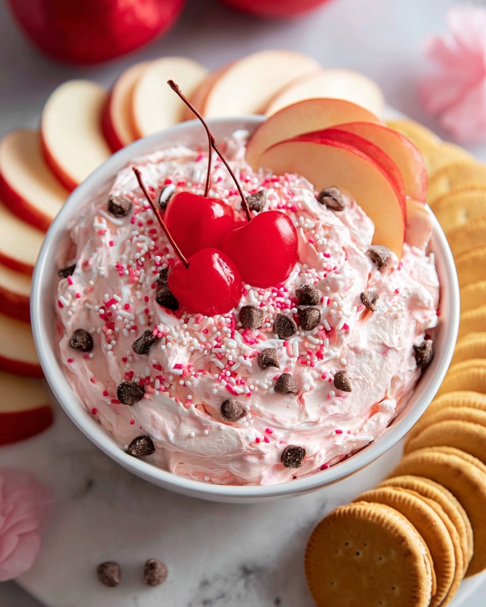 A white bowl filled with a creamy pink dip mixed with small dark chocolate chips and tiny red and white sprinkles, topped with three bright red cherries and a single slice of red apple positioned on the side. The texture of the dip looks fluffy, with pink and white swirls visible. Around the bowl, there are neatly arranged slices of red apple on one side and a row of golden sandwich cookies on the other side, all placed on a white marbled textured surface. Photo taken with an iphone --ar 4:5 --v 7