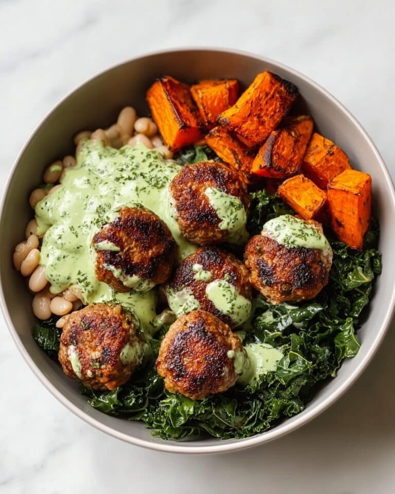 Herbed Chicken Meatball Bowl with Roasted Sweet Potatoes, Crispy Chickpeas, and Spicy Yogurt Dressing Recipe