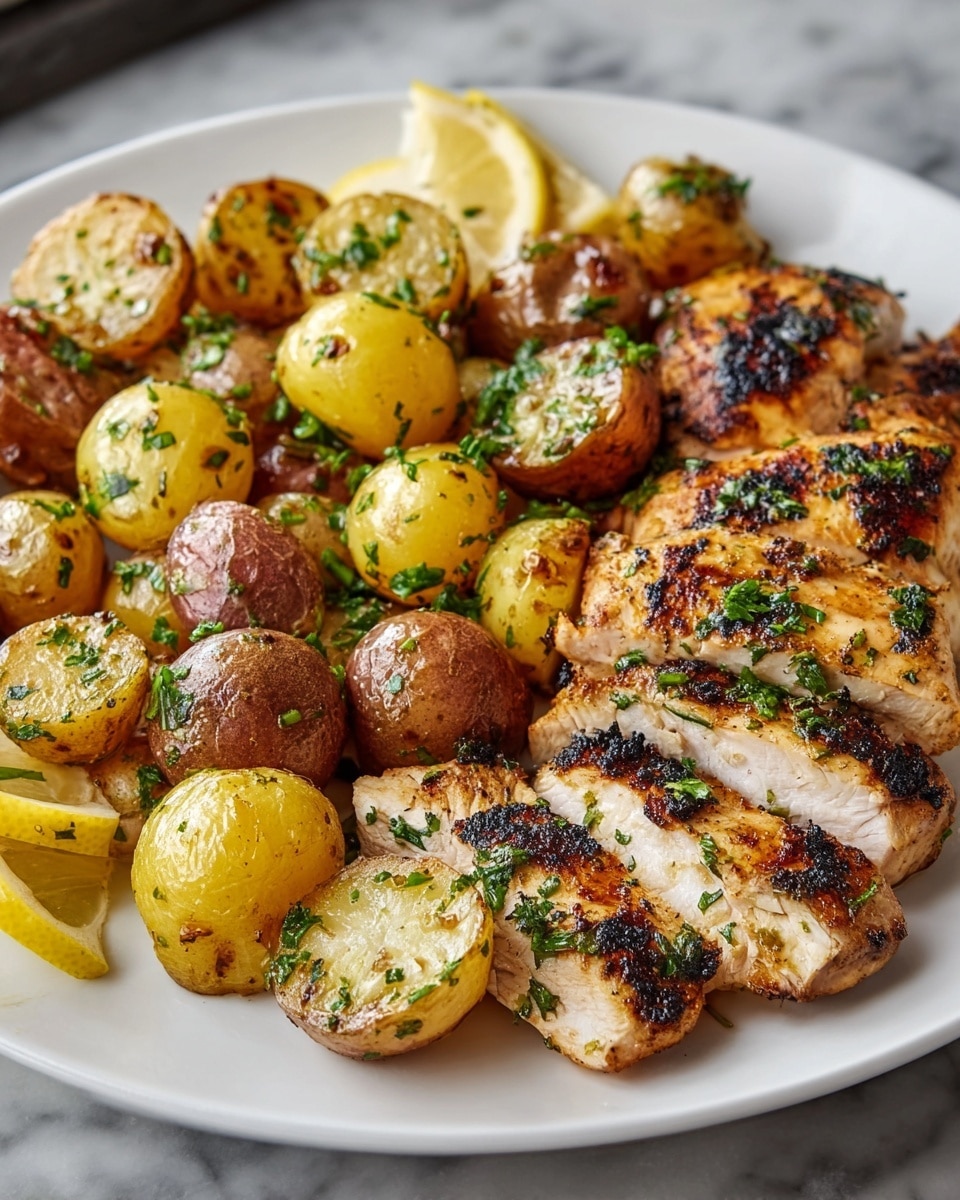 A white plate holds a layered dish starting with a base of small roasted yellow and brown potatoes, some cut in halves showing a soft texture, sprinkled with green herbs. On top and beside the potatoes are pieces of grilled chicken breast, cooked to a golden-brown with charred marks, some slices cut to show juicy white meat inside with green herb garnish scattered over all layers. A few lemon slices add a fresh yellow bright touch near the edge. The plate is placed on a white marbled texture surface. Photo taken with an iphone --ar 4:5 --v 7