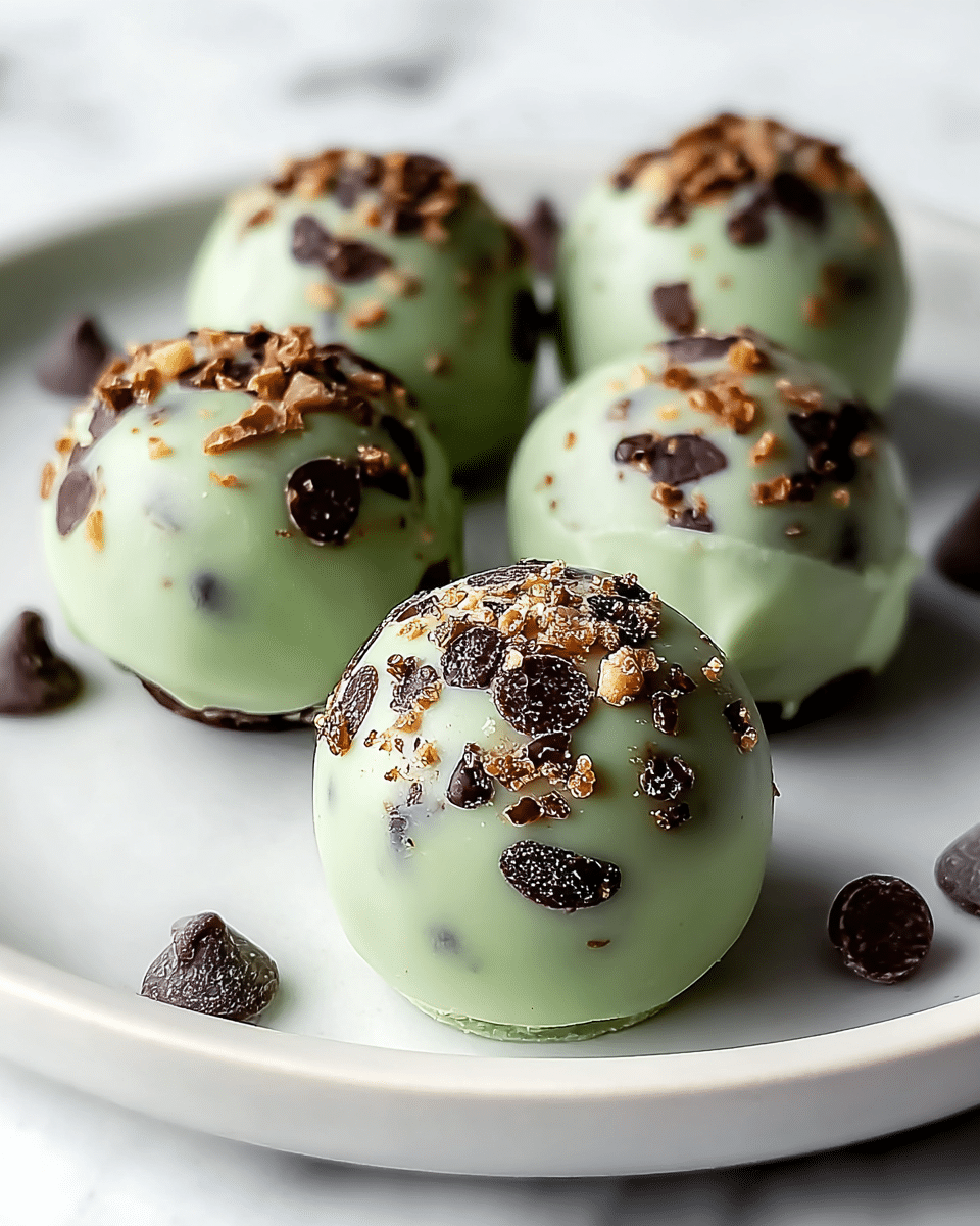 The image shows five round truffles on a white plate placed on a white marbled surface. Each truffle has a smooth mint-green outer layer with dark chocolate chip pieces and small brown toffee bits scattered unevenly across the surface. The truffles are glossy and round with a slightly textured look due to the toppings. Around the base of the plate, there are also a few dark brown chocolate chips scattered. The overall look is clean and fresh, highlighting the contrast between the soft green of the truffles and the dark chocolate bits. photo taken with an iphone --ar 4:5 --v 7