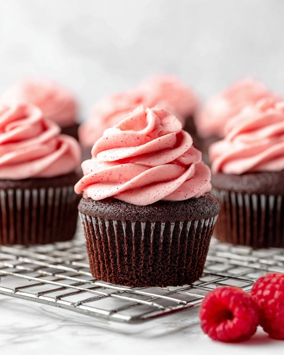 This image shows several chocolate cupcakes arranged on a metal cooling rack over a white marbled surface. Each cupcake has a thick, dark brown base with visible texture from the cupcake liner, topped with a single swirl of smooth, pink frosting that has small specks of darker pink, showing some texture in the icing. In the foreground near the cupcakes, there are two fresh red raspberries adding a pop of color. The background is softly blurred, keeping the focus on the detailed cupcake closest to the camera. photo taken with an iphone --ar 4:5 --v 7