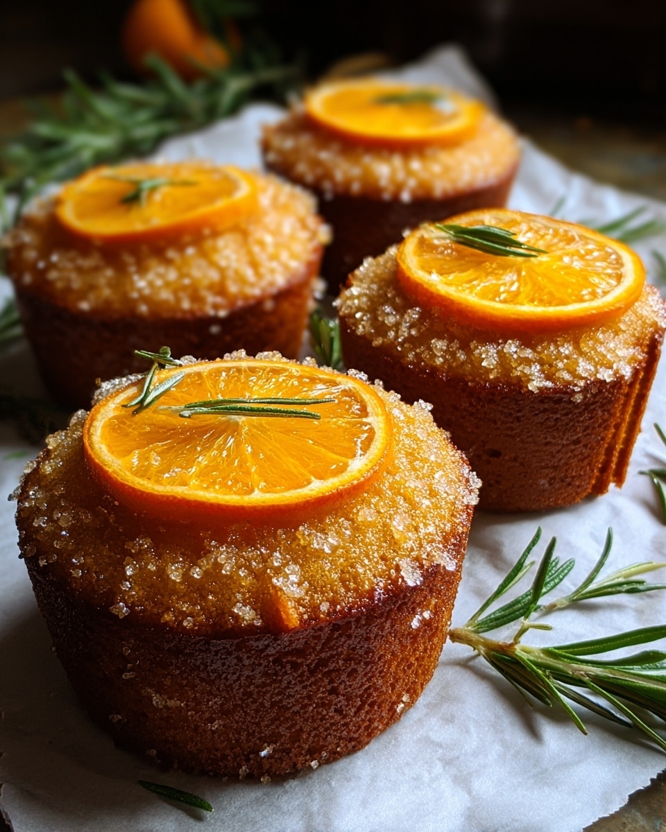 Four round, single-layer golden brown cakes with a coarse sugar glaze on top, each decorated with a thin orange slice placed in the center. They are positioned closely together on a sheet of white parchment paper, with some green rosemary sprigs placed beside the cakes. The background shows soft, dark tones with a white marbled texture underneath. Photo taken with an iphone --ar 4:5 --v 7