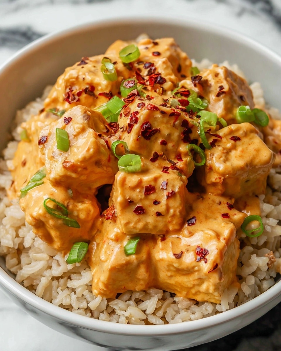 A close-up view of a white bowl filled with two layers: the bottom layer is light brown rice with a soft, slightly sticky texture, while the top layer consists of golden-brown tofu cubes generously coated in a creamy, light orange spicy sauce. The tofu is garnished with small green sliced scallions and scattered dark red chili flakes, adding color contrast and texture. The bowl is placed on a white marbled surface. photo taken with an iphone --ar 4:5 --v 7