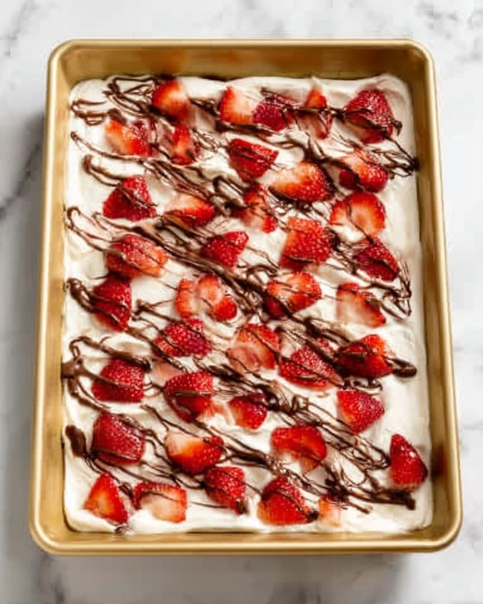 The image shows a rectangular dessert in a gold baking tray on a white marbled surface. The dessert has a thick base layer covered with a smooth white cream layer. On top of the white cream are many small, bright red strawberry pieces evenly spread, with thin, dark brown chocolate drizzles scattered over the strawberries and cream. The overall texture looks soft and creamy with fresh fruit and shiny chocolate drizzle. Photo taken with an iphone --ar 4:5 --v 7
