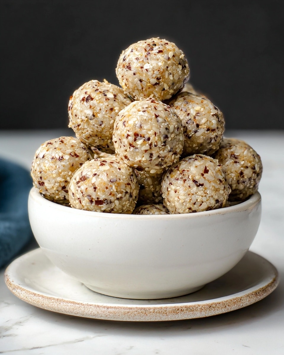 A small white bowl filled and overflowing with round, textured snack balls that have a beige color with specks of darker brown and light cream throughout, giving them a naturally crumbly and nutty look. The bowl sits on a matching white plate with a slightly uneven rim, all placed on a white marbled surface. The background is dark, making the snack balls and white bowl stand out prominently. photo taken with an iphone --ar 4:5 --v 7