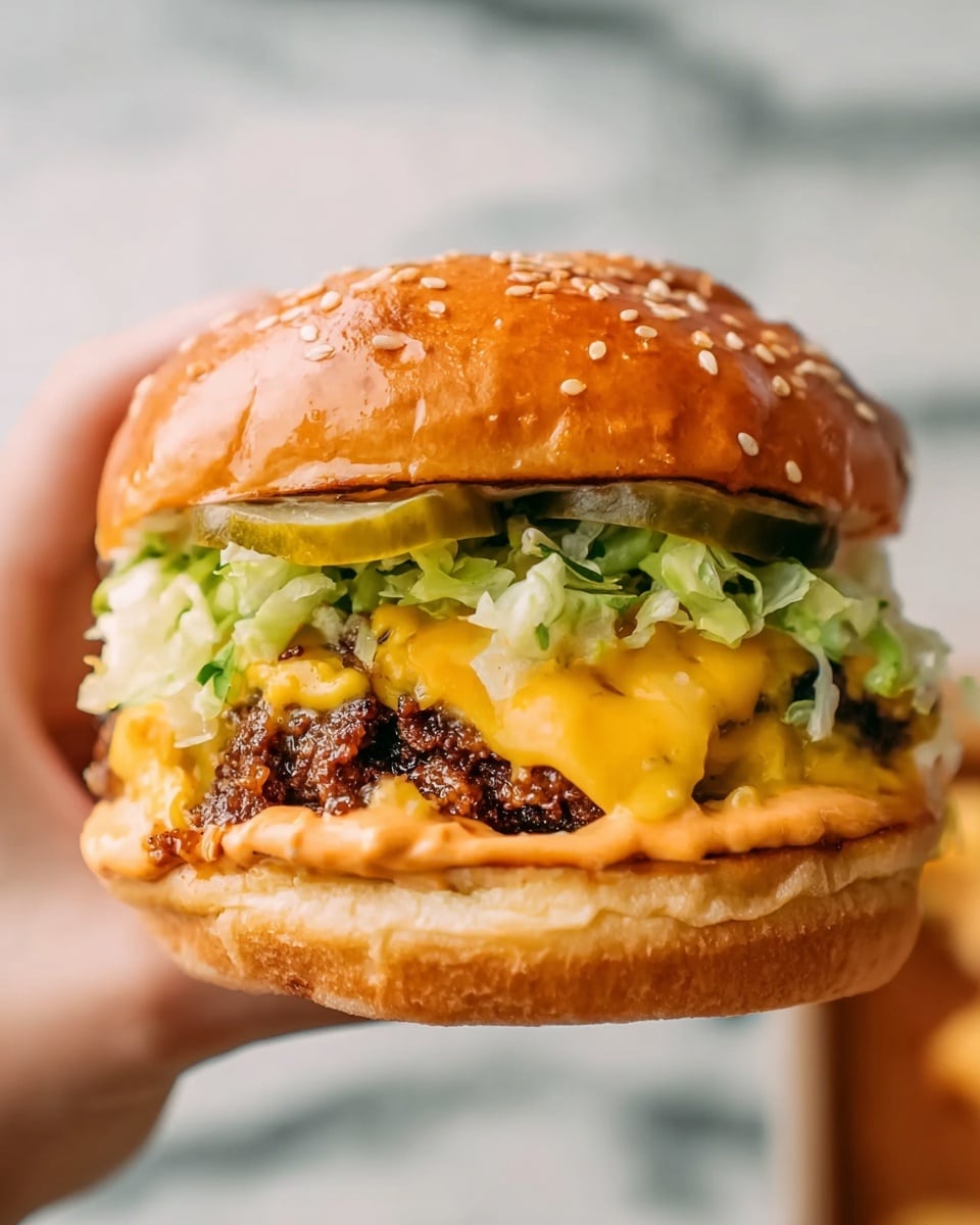 A close-up of a cheeseburger held by a woman's hand, with a shiny sesame seed bun top that is golden brown and slightly soft. Beneath the top bun is a layer of green pickle slices with a bumpy texture, followed by a layer of bright green shredded lettuce that looks fresh and crisp. Below the lettuce is a slice of melted yellow cheddar cheese that drapes over a thick, juicy brown beef patty with a crumbly texture. The bottom bun is light golden and slightly fluffy, with a creamy orange sauce spread on it. The background shows a white marbled surface blurred out. Photo taken with an iphone --ar 4:5 --v 7