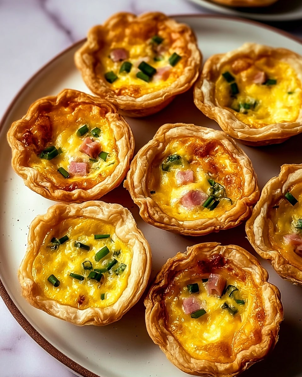 Eight small egg tarts are arranged on a round white plate with a faint brown rim, placed on a white marbled surface. Each tart has a golden, flaky, layered crust that cups the filling. The filling is bright yellow and creamy, showing bits of green chives and small cubes of pink ham scattered throughout. The edges of the filling are slightly browned from baking. The overall look is warm and inviting, with the tarts positioned closely together in two rows, some slightly blurred in the background. photo taken with an iphone --ar 4:5 --v 7