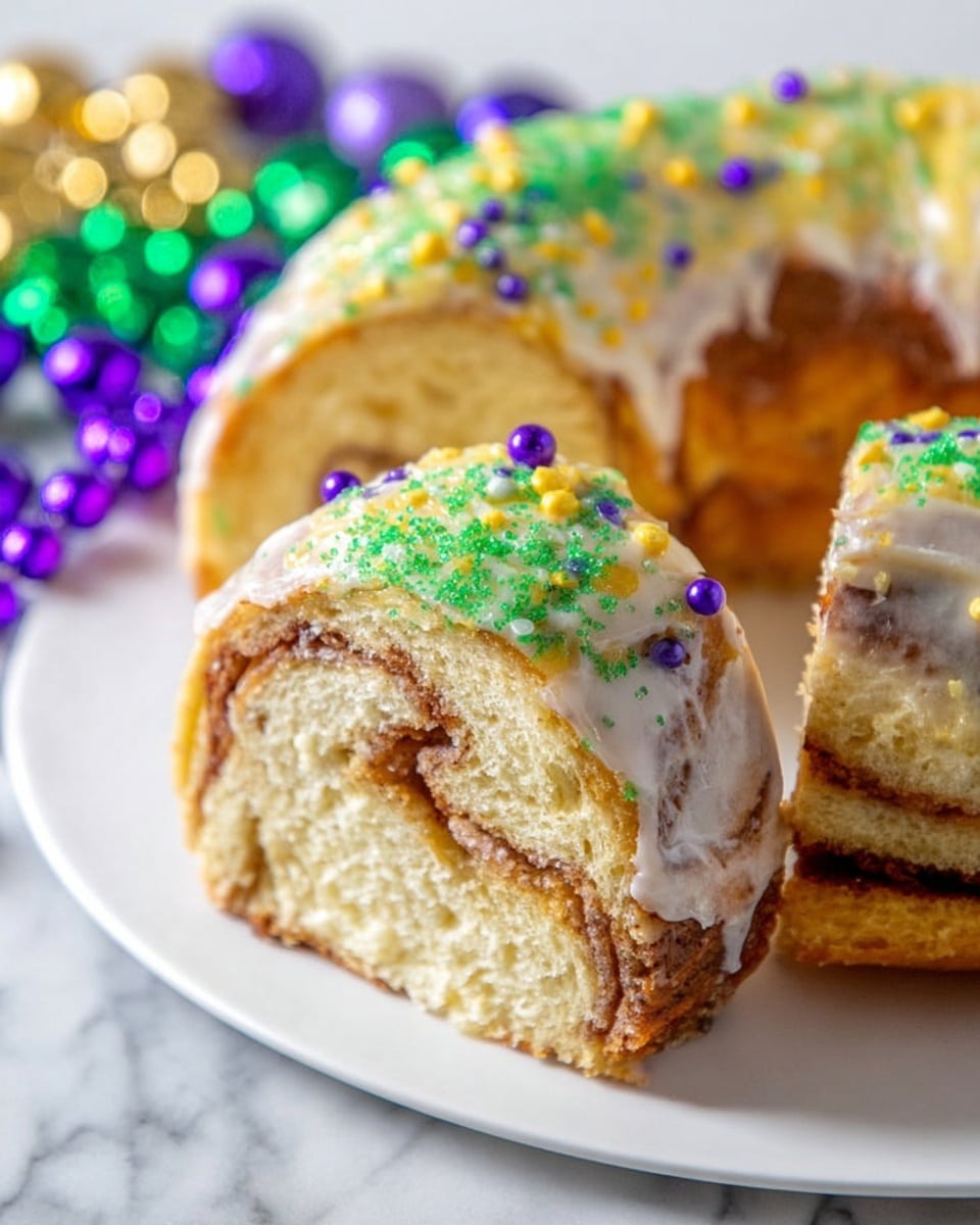 The image shows a close-up of a thick, soft bread ring cut to reveal its layers: a light, fluffy dough with a cinnamon swirl inside. The top of the bread is covered with smooth white icing, sprinkled with colorful sugar in bright green, yellow, and purple, along with small round candy sprinkles in purple, green, and gold. The bread sits on a white plate on a white marbled surface, with colorful Mardi Gras beads scattered around for decoration. Photo taken with an iphone --ar 4:5 --v 7