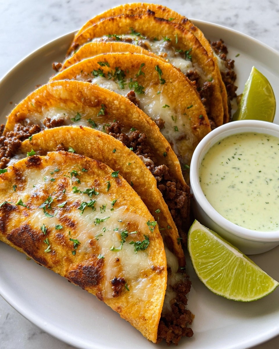 The image shows three golden brown tacos folded and lined up on a white plate, each taco filled with juicy, cooked ground meat mixed with melted, slightly browned cheese visible at the edges. The tacos are topped with small bits of green cilantro scattered across them. On the side of the plate, there are two lime wedges with a fresh green color and a small white bowl filled with a creamy, light green sauce that has small specks of herbs. The plate sits on a white marbled surface. photo taken with an iphone --ar 4:5 --v 7