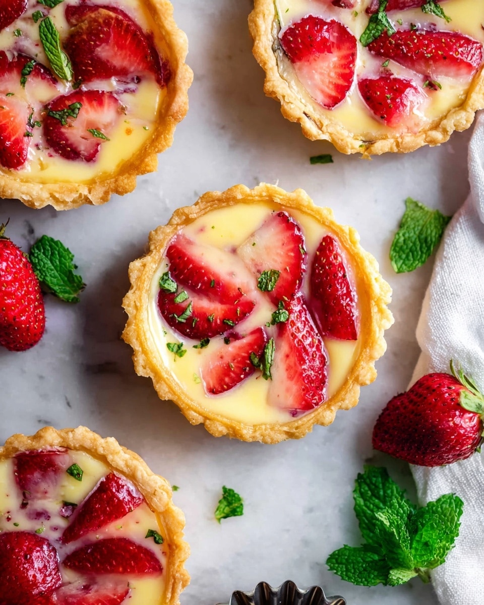 The image shows several small tarts with a golden, flaky crust forming the base layer. Inside each tart is a creamy, light yellow custard layer that looks smooth and soft. On top of the custard are bright red strawberry slices arranged in a scattered pattern, some partially submerged in the custard and some resting on top. Small pieces of fresh green mint leaves are sprinkled over the tarts, adding a touch of color. The tarts are placed on a white marbled surface, and next to them are whole strawberries and fresh mint sprigs, adding freshness to the scene. A white cloth is partly visible in the top right corner, and a small silver tart mold lies empty near the bottom center of the image. photo taken with an iphone --ar 4:5 --v 7