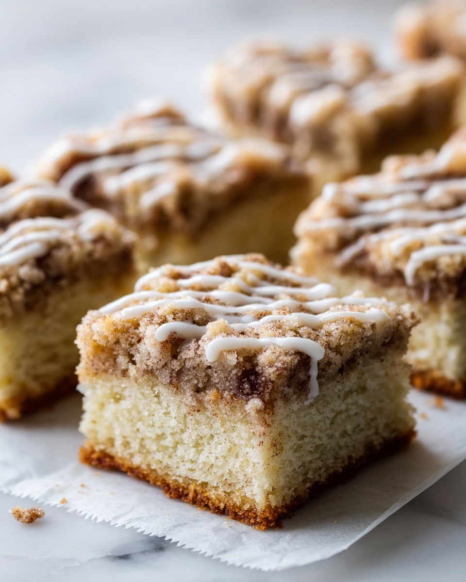 The image shows close-up square pieces of cinnamon coffee cake arranged in two rows. Each piece has two main layers: the bottom layer is thick and light beige with a soft and fluffy texture, while the top layer is a crumbly blend of brown cinnamon, sugar, and nut bits with a rough surface. A light drizzle of white icing runs unevenly across the crumb layer, adding a glossy contrast. The cake pieces are placed on parchment paper set on a white marbled surface, with the rows extending slightly out of focus in the background. photo taken with an iphone --ar 4:5 --v 7