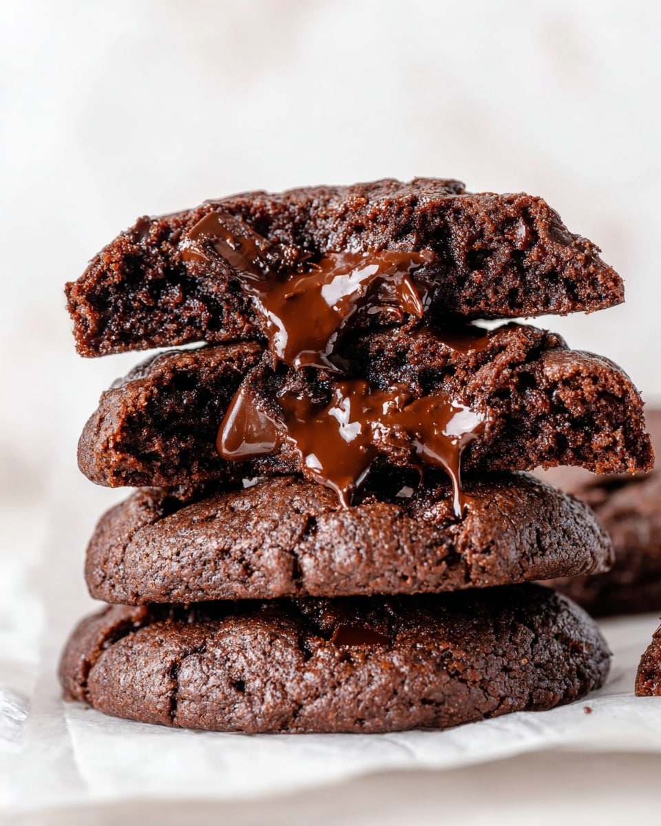 A stack of four thick, soft chocolate cookies is shown close-up, each cookie broken in half to reveal a rich, moist, and dark brown interior filled with melted chocolate chunks that glisten and ooze slightly. The texture of the cookies looks dense and chewy with a slightly cracked surface. They rest on a piece of white parchment paper on a white marbled surface, with the layers stacked unevenly, showing the gooey chocolate inside each piece. photo taken with an iphone --ar 4:5 --v 7
