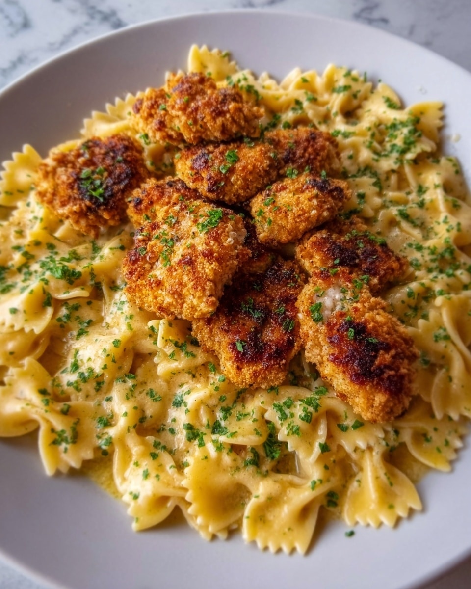 The image shows a white plate filled with two layers of food. The bottom layer consists of light yellow bow-tie pasta coated in a creamy sauce, with a smooth and slightly shiny texture. Sitting on top are several breaded pieces of fried chicken, golden-brown with a crispy texture, some darker spots showing a well-cooked crust, arranged in a small pile on one side of the plate. Green parsley flakes are sprinkled over both layers, adding small bright green specks for color contrast. The plate rests on a white marbled surface. Photo taken with an iphone --ar 4:5 --v 7