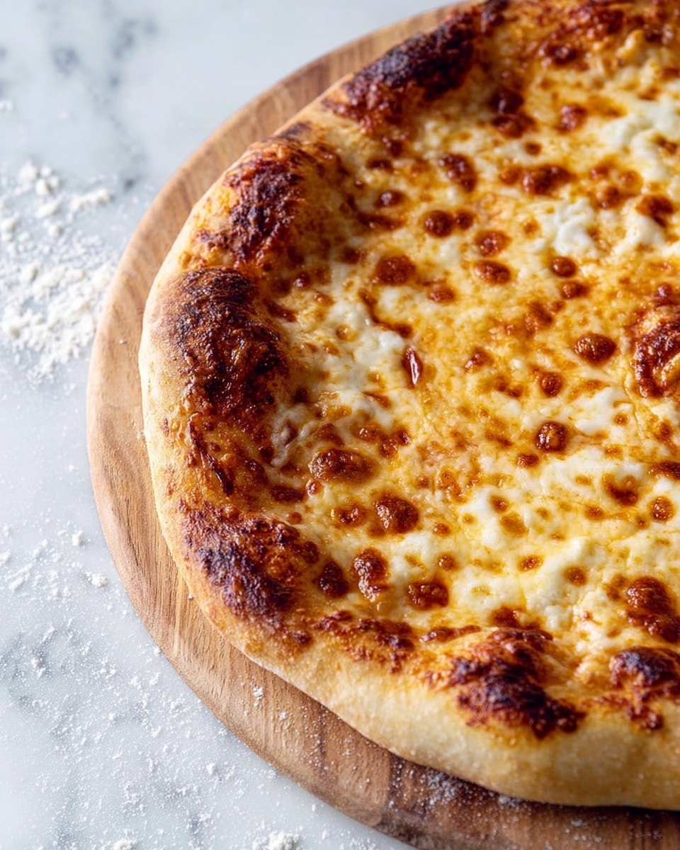 A close-up view of a cheese pizza on a wooden pizza board shows one layer of golden, bubbly melted cheese with browned spots evenly spread on the surface. The thick crust around the edge is light golden brown with some darker charred areas, showing a soft, airy texture. The pizza sits on a white marbled surface with scattered flour around the board. photo taken with an iphone --ar 4:5 --v 7