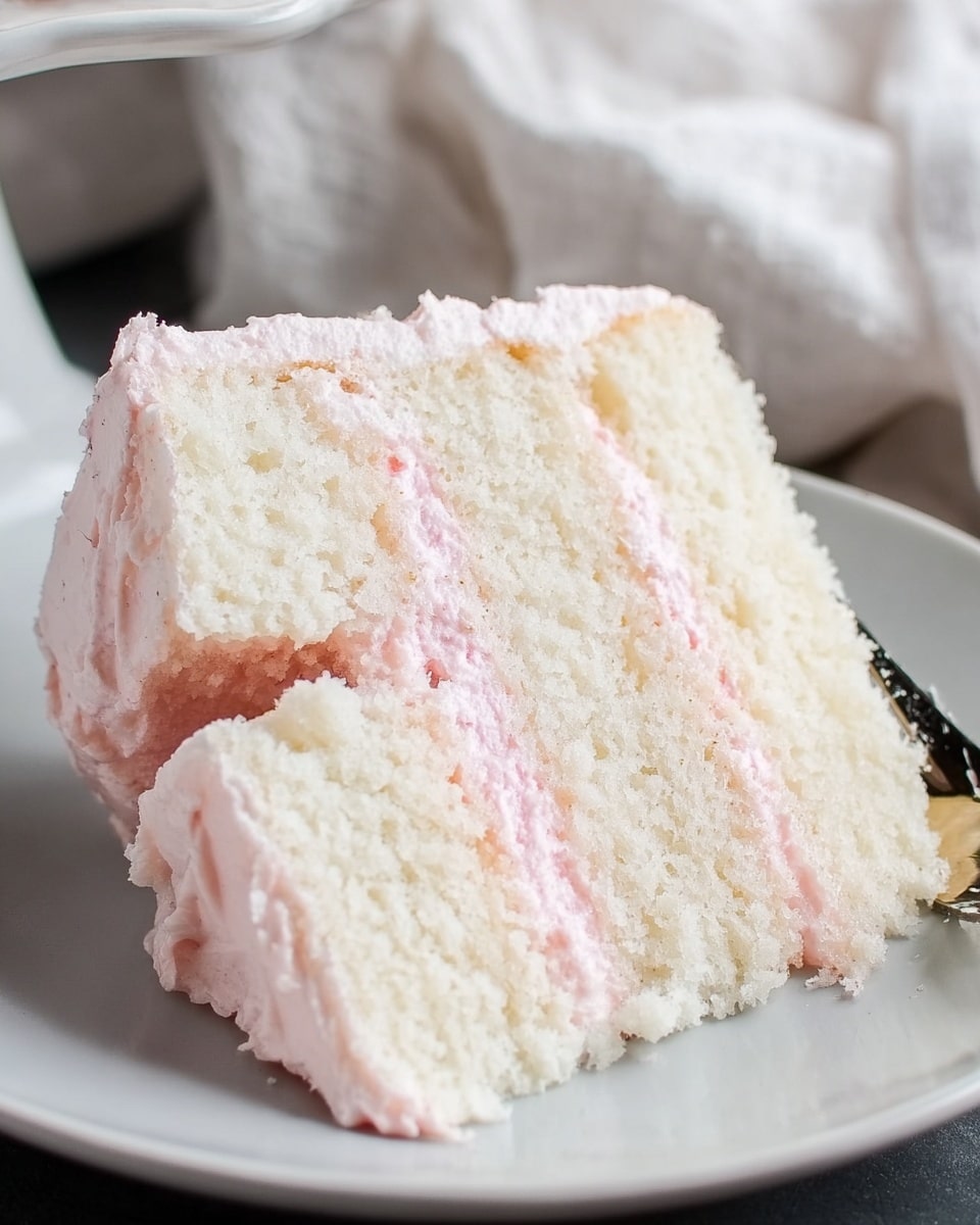 A slice of three-layer white cake sits on a white plate, showing soft, fluffy white sponge layers separated by smooth pale pink frosting with a creamy texture. The cake has a bite taken out, revealing the moist interior and pink frosting extending slightly onto the side. The background has a white marbled texture with a blurred light cloth, adding a soft, cozy feel. photo taken with an iphone --ar 4:5 --v 7