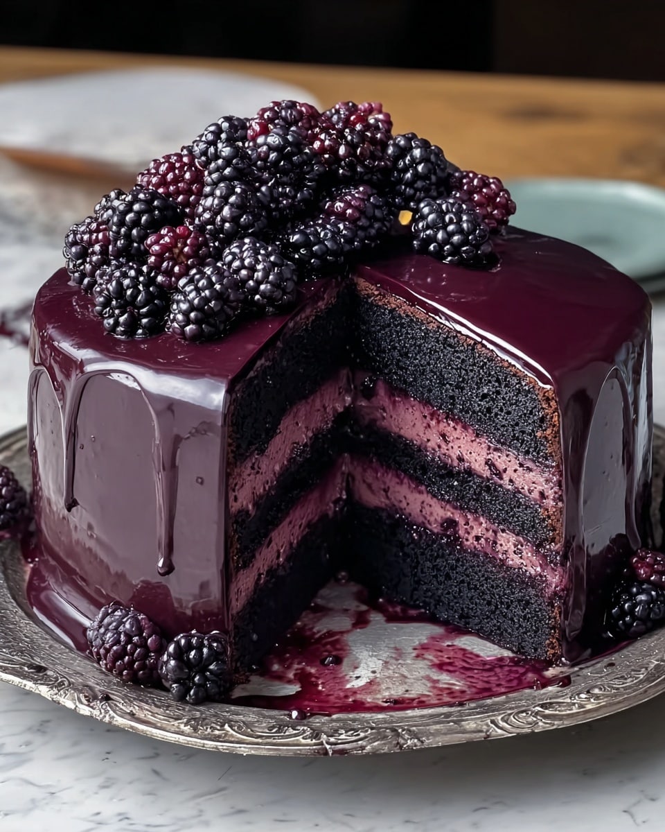 A dark chocolate cake is shown cut to reveal two thick, moist layers of rich black cake with a smooth, deep purple berry filling between them. The outside is covered in a shiny, dark purple glaze that drips slightly down the sides. On top, there is a cluster of fresh blackberries and some slightly lighter purple berries, giving a natural texture and color contrast. The cake sits on an ornate silver plate placed on a white marbled textured surface, with a bit of the purple glaze spilled on the plate near the cut slice. photo taken with an iphone --ar 4:5 --v 7