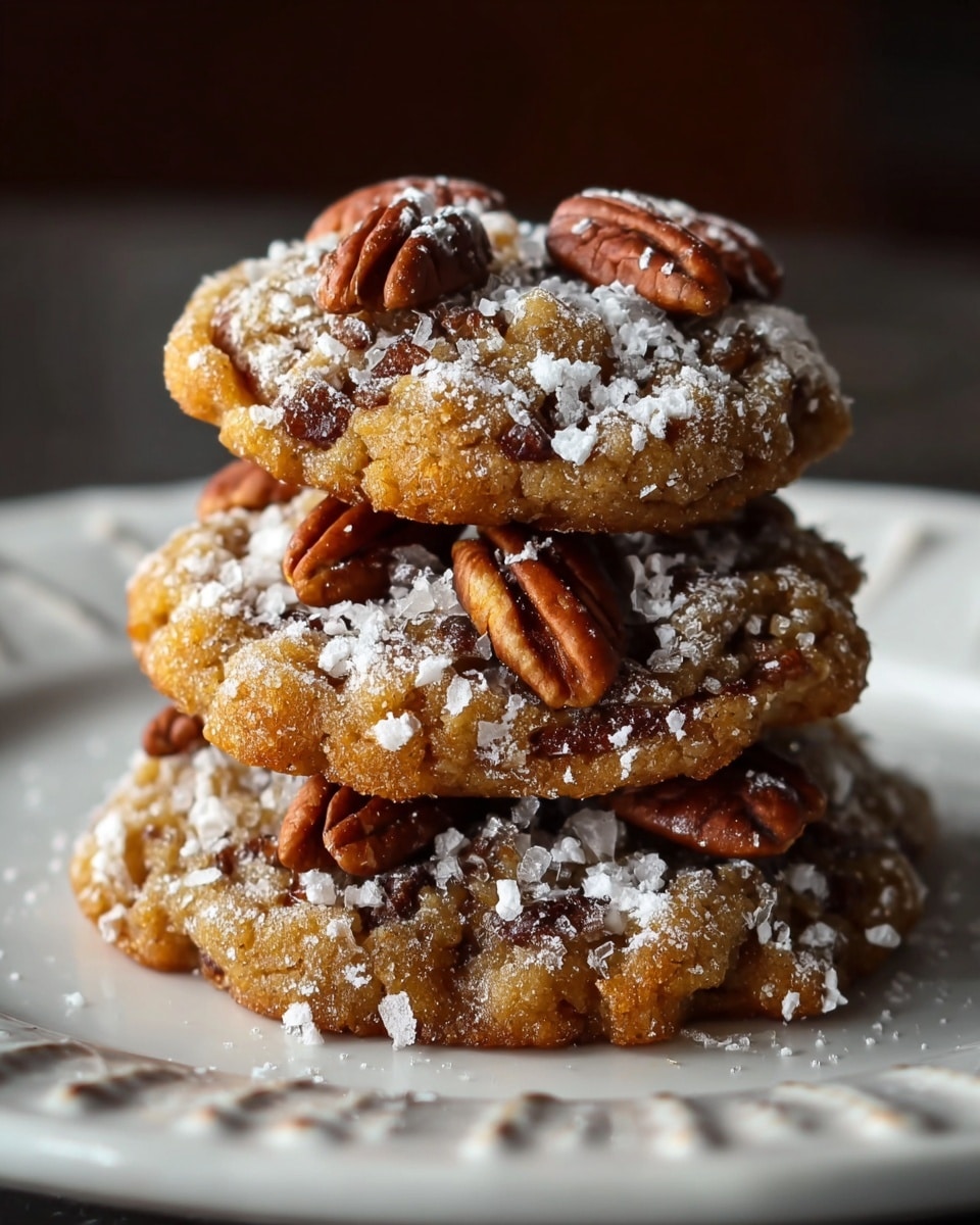 A close-up of a small stack of three round pecan cookies on a white plate, each cookie showing a rough bumpy texture with a golden brown color. Each cookie is decorated on top with whole and chopped pecan halves in a rich brown shade, and lightly dusted with white powdered sugar, adding a soft contrast to the warm tones. The plate sits against a dark, blurred background highlighting the cookies' crispy edges and moist centers, with the white plate featuring subtle embossed details around the rim on a white marbled surface. photo taken with an iphone --ar 4:5 --v 7