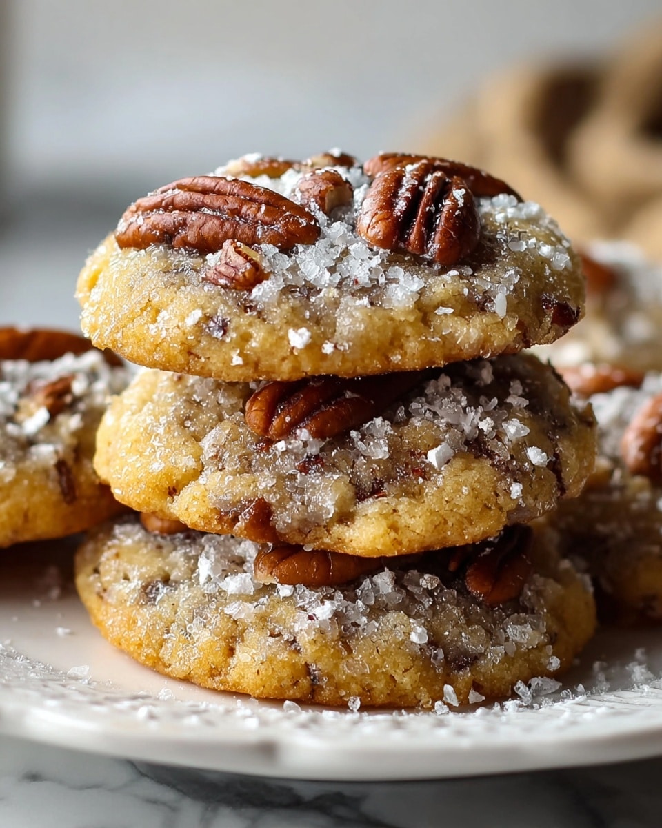 A close-up image shows a stack of three round cookies on a white plate, sitting on a white marbled surface. Each cookie has a golden-brown color with a slightly crispy texture. The top of each cookie is scattered with several brown pecan halves and pieces, and there is a light dusting of white powdered sugar covering the surface, adding a soft contrast. The cookies appear thick and chewy with small uneven bits throughout, suggesting a moist interior photo taken with an iphone --ar 4:5 --v 7