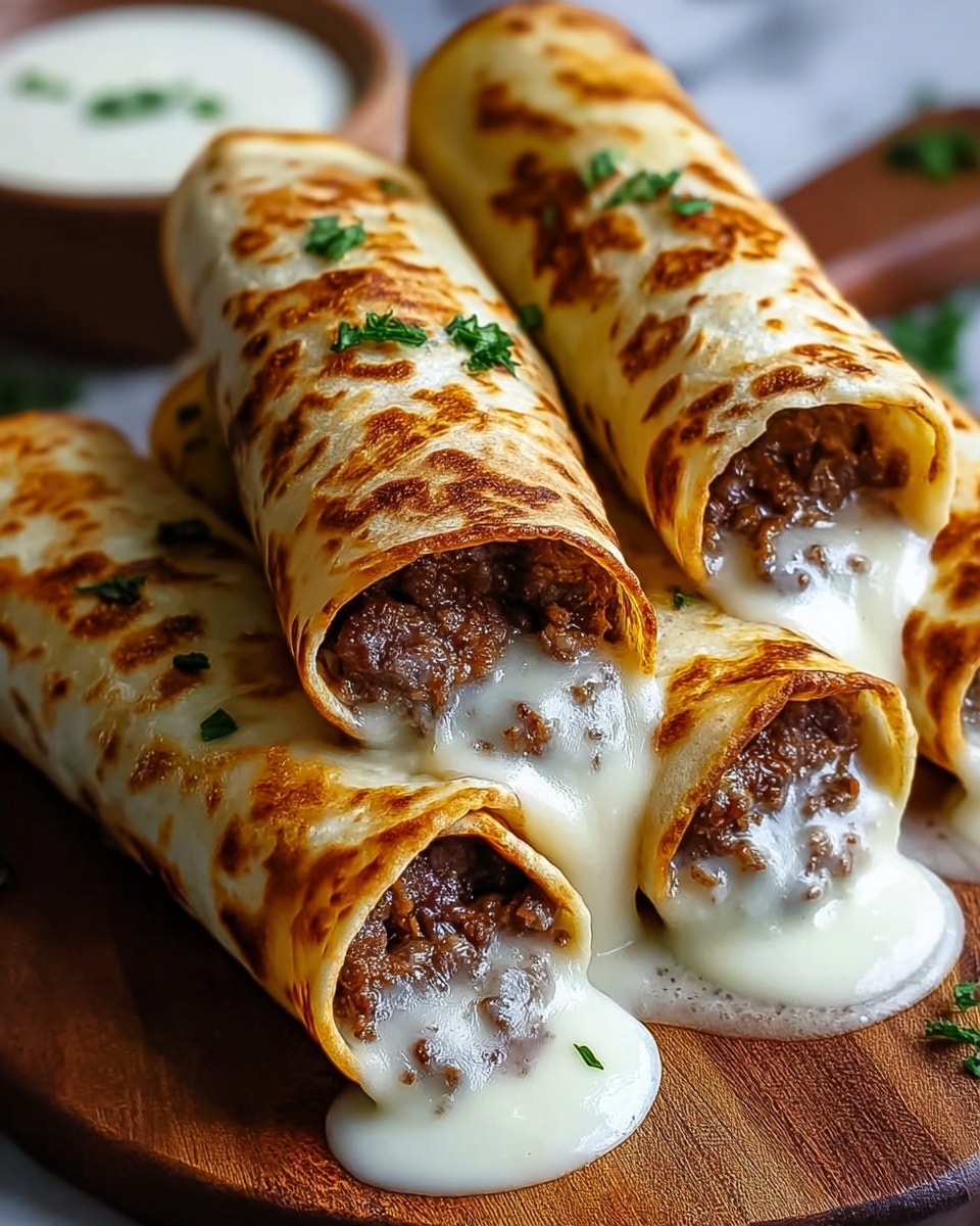 Three rolled crepes stacked on a wooden board, each filled with a rich, dark brown meat mixture and melting white cheese that oozes out slightly at the ends, topped with small green herb pieces. The crepes have a golden-brown, slightly crispy surface with some darker spots, and the cheese looks gooey and creamy. The background shows a white marbled texture softly blurred. photo taken with an iphone --ar 4:5 --v 7