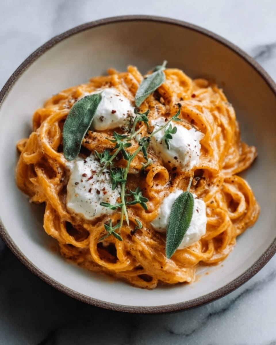 A white bowl filled with thick orange pasta strands coated in creamy sauce, topped with dollops of white cheese and sprinkled with green leaves and a few brown spices, resting on a white marbled surface. Photo taken with an iphone --ar 4:5 --v 7