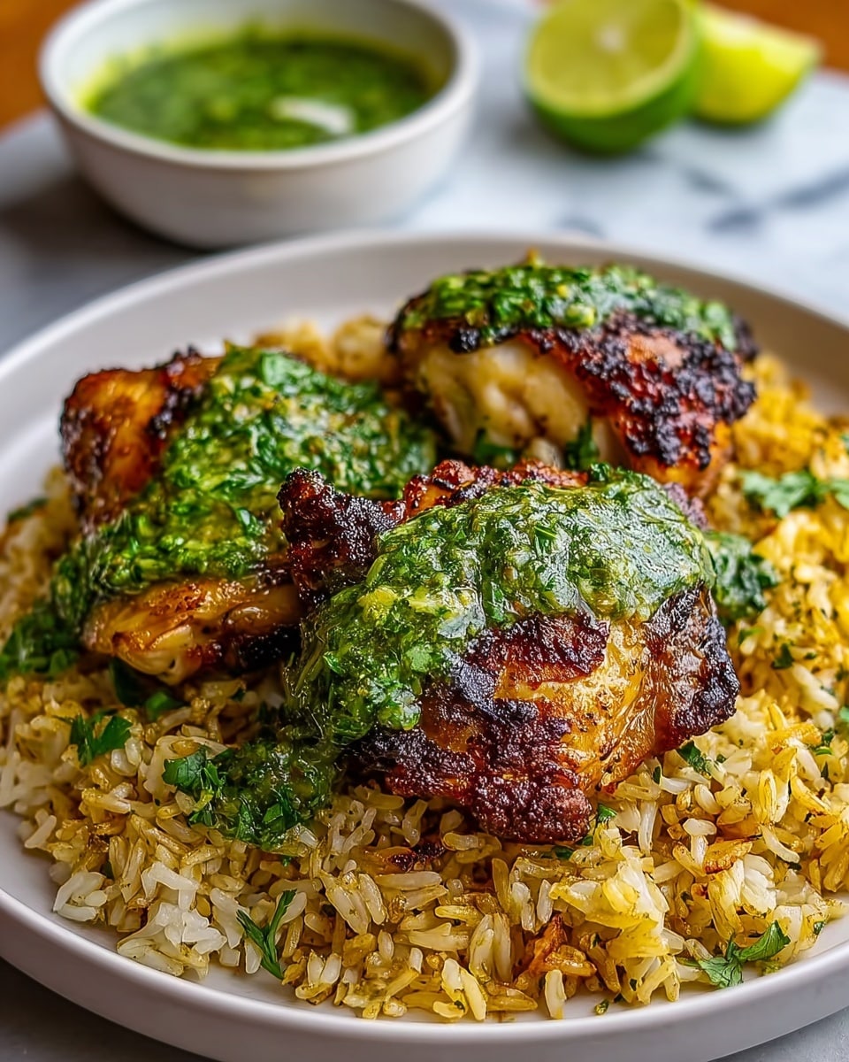 The image shows a dish with three layers on a white plate placed on a white marbled surface. The bottom layer is a bed of yellow-brown cooked rice, looking fluffy and mixed with tiny bits of herbs. On top of the rice, there are two pieces of grilled chicken thighs, cooked to a golden brown with some crispy charred edges. The chicken is covered with a bright green, chunky sauce made from herbs, spread unevenly over the meat and also scattered on the rice. In the background, there is a small white bowl filled with more green sauce and a lime wedge beside it, all softly blurred to keep focus on the main food. photo taken with an iphone --ar 4:5 --v 7