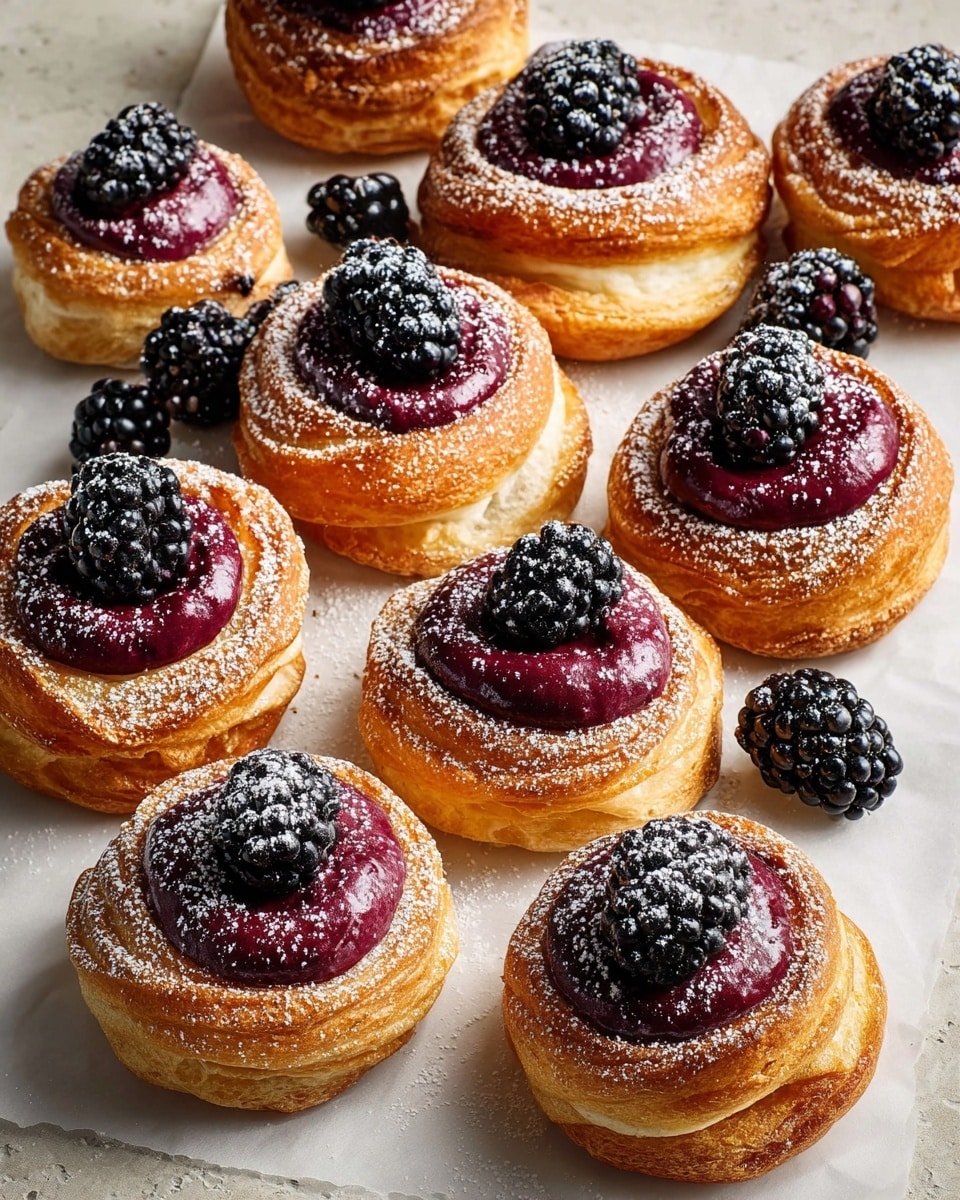 Nine round pastries are arranged on white parchment paper over a white marbled texture. Each pastry has a golden-brown, flaky layered crust that looks crisp and slightly puffy, forming two to three visible layers. The center of each pastry holds a thick dollop of dark purple cream with a smooth, shiny texture. On top of the cream sit two or three fresh blackberries, which are deep black with a slightly glossy surface. A light dusting of powdered sugar is sprinkled over the pastries and some of the blackberries, adding a soft white contrast. Scattered fresh blackberries are also placed around the pastries on the parchment paper. photo taken with an iphone --ar 4:5 --v 7