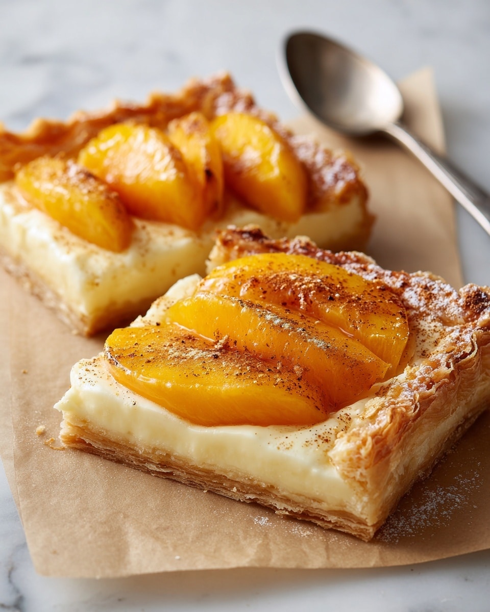 The image shows small tarts on a white marbled surface, each tart having three layers: a light golden-brown flaky crust forming the base and edges, a creamy off-white filling in the middle with a smooth texture, and thinly sliced peach pieces arranged in slightly overlapping rows on top, their yellow-orange flesh with a reddish tint on the edges glistening as if glazed, sprinkled lightly with a fine dusting of cinnamon or spice. The overall look is warm, inviting, and rustic with a slightly glossy finish on the peaches. photo taken with an iphone --ar 4:5 --v 7