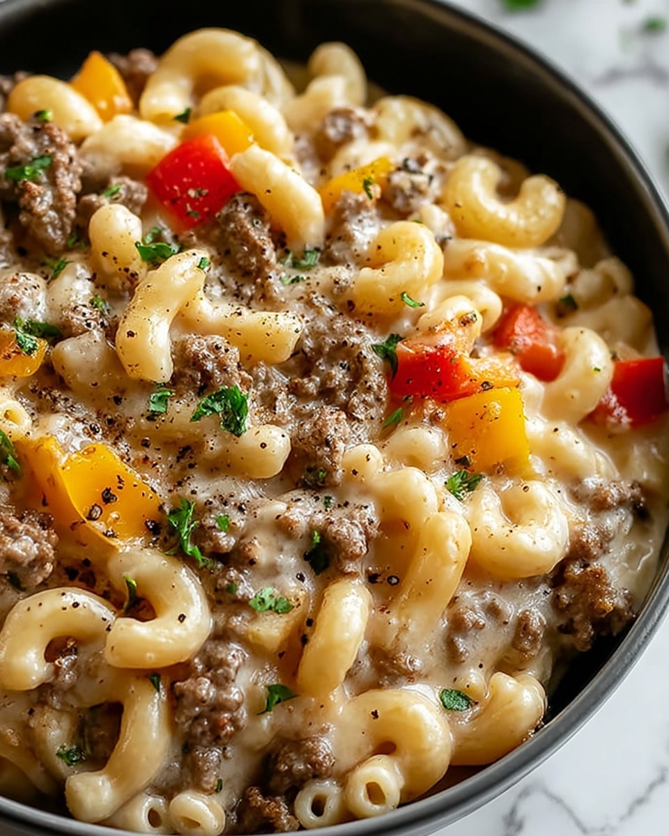 A close-up of a bowl filled with creamy pasta made of elbow macaroni covered in a rich, smooth cheese sauce, scattered with crumbled cooked ground beef that is brown and slightly textured, pieces of red and yellow bell peppers adding bright pops of color, and small green herb leaves sprinkled on top, all topped with specks of black pepper. The bowl is white, placed on a white marbled surface. photo taken with an iphone --ar 4:5 --v 7