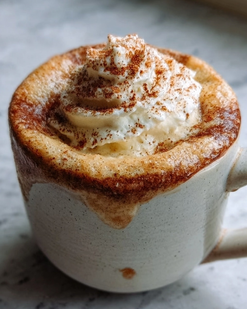 A white ceramic cup filled with a creamy, overflowing drink topped with a dollop of whipped cream in the center, sprinkled with cinnamon or cocoa powder. The drink has a light brown frothy texture around the whipped cream, and the cup has a simple, smooth appearance with some small stains near the rim. The background is a white marbled surface, and a woman's hand is lightly holding the cup from the side. Photo taken with an iphone --ar 4:5 --v 7