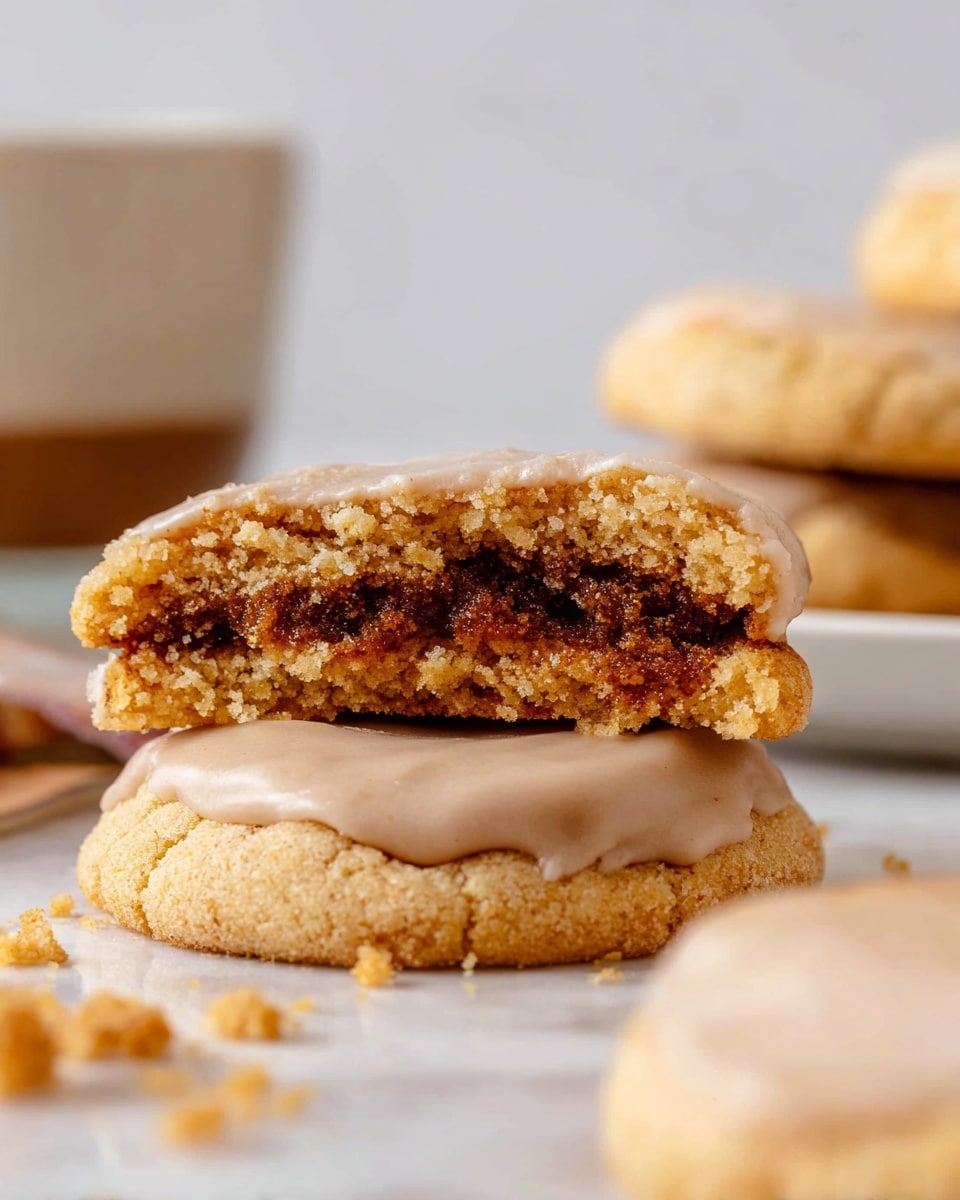 The image shows a close-up of a thick cookie with a smooth light brown icing layer on top, sitting on a white marbled surface. On top of this cookie, there is a second cookie broken in half, revealing a soft and crumbly golden brown interior with a dark, rich cinnamon filling in the center. Crumbs are scattered around the cookies, adding texture to the scene. In the background, there is a blurred white glass and a white plate holding a brown cup, but the focus remains on the layered cookies in the front. Photo taken with an iphone --ar 4:5 --v 7