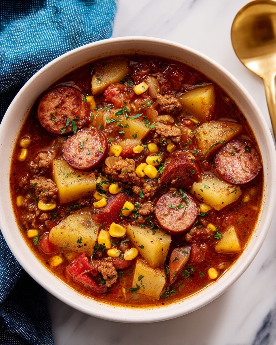 A white bowl filled with a thick stew made of browned sausage slices, cubed yellow potatoes, corn kernels, and small pieces of ground meat in a rich, reddish-brown broth, garnished with small bits of green herbs scattered on top. The bowl is placed on a white marbled surface with a blue cloth partially visible behind it, and a golden spoon rests nearby. The texture of the stew looks hearty and chunky with visible pieces of all ingredients mixed evenly. photo taken with an iphone --ar 4:5 --v 7