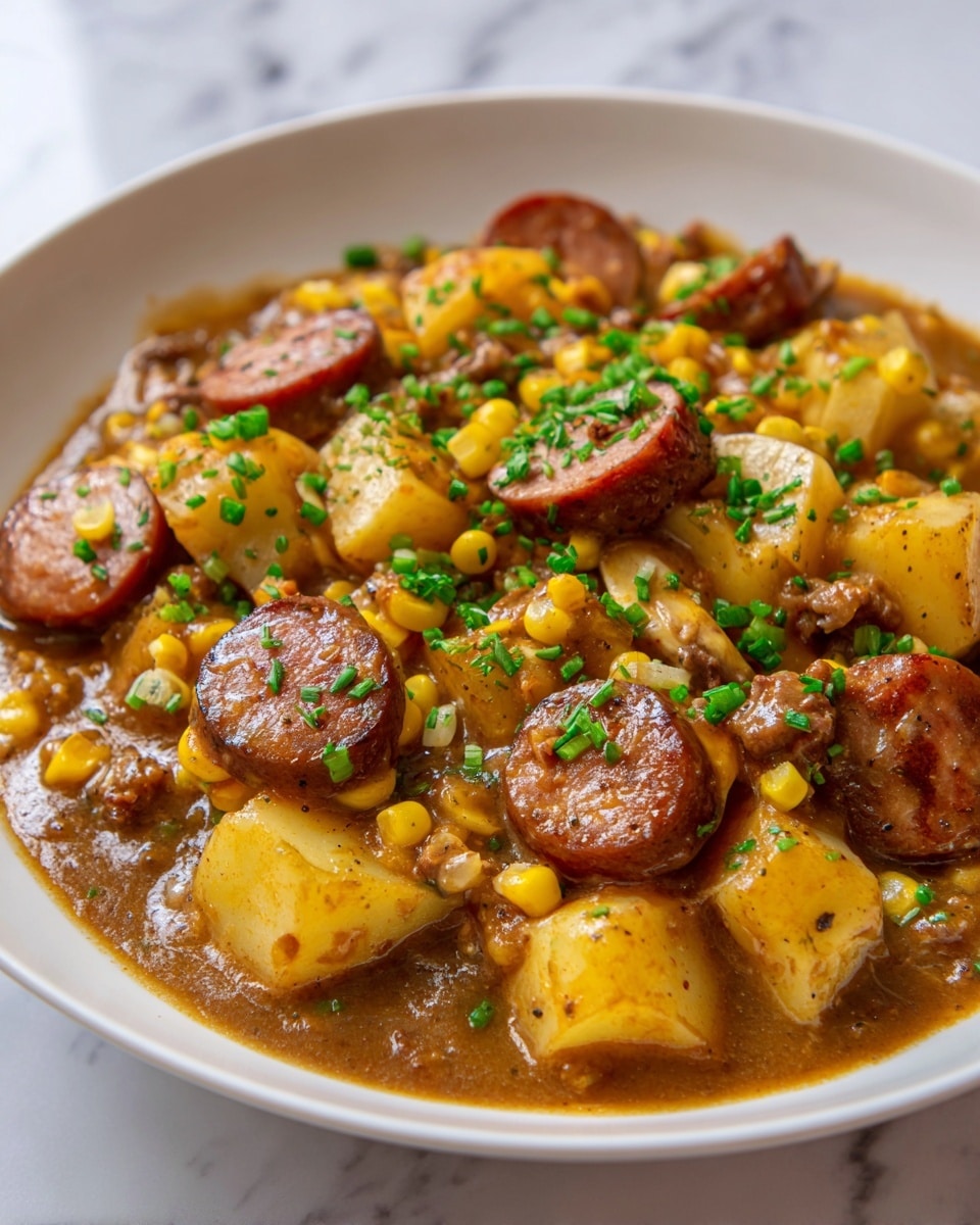 A close-up of a white bowl filled with a thick stew featuring chunky slices of browned sausage, light yellow potato cubes, whole corn kernels, and small bits of browned ground meat, all mixed in a rich brown sauce. The stew is topped with small sprinkles of bright green chopped herbs scattered evenly across the surface. The background shows a white marbled texture. photo taken with an iphone --ar 4:5 --v 7