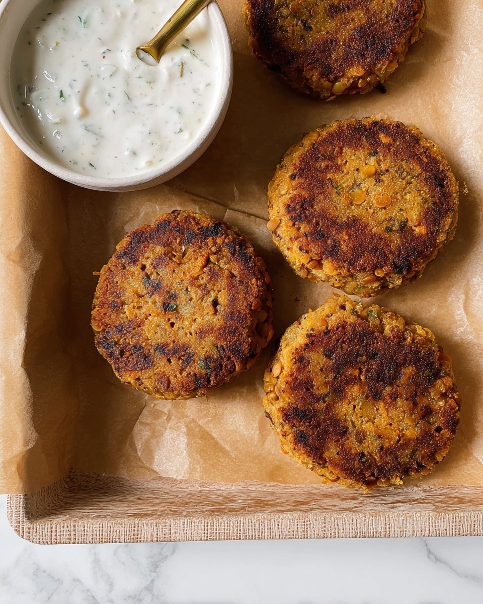 Four round, golden-brown patties with a slightly rough texture and darker crispy edges are placed on light brown parchment paper atop a baking tray. They show small bits of onion and lentils embedded within. Next to the patties, there is a white bowl filled with creamy white sauce speckled with green herbs, and a small gold spoon is partially visible inside the bowl. The entire scene is set on a white marbled surface. photo taken with an iphone --ar 4:5 --v 7