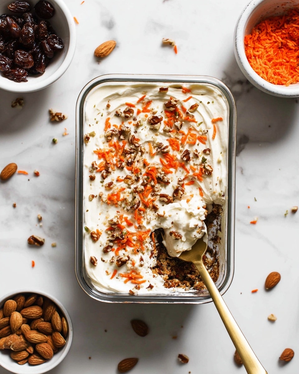 A rectangular glass container holds a layered carrot cake dessert. The bottom layer is dark brown with visible bits of nuts and cake texture. Above it is a thick white creamy layer which covers the whole surface. The top is sprinkled with small chopped nuts and bright orange shredded carrot pieces. A golden spoon is dipped into the dessert from the right side, scooping up some cream and cake. The container rests on a white marbled surface, surrounded by small white bowls, one filled with whole almonds and others partially visible, along with scattered dark raisins around. photo taken with an iphone --ar 4:5 --v 7